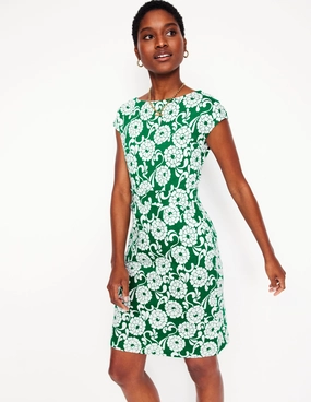 Florrie Jersey Dress-Rich Emerald, Blossom Swirl Slim Shape Classic A-line design