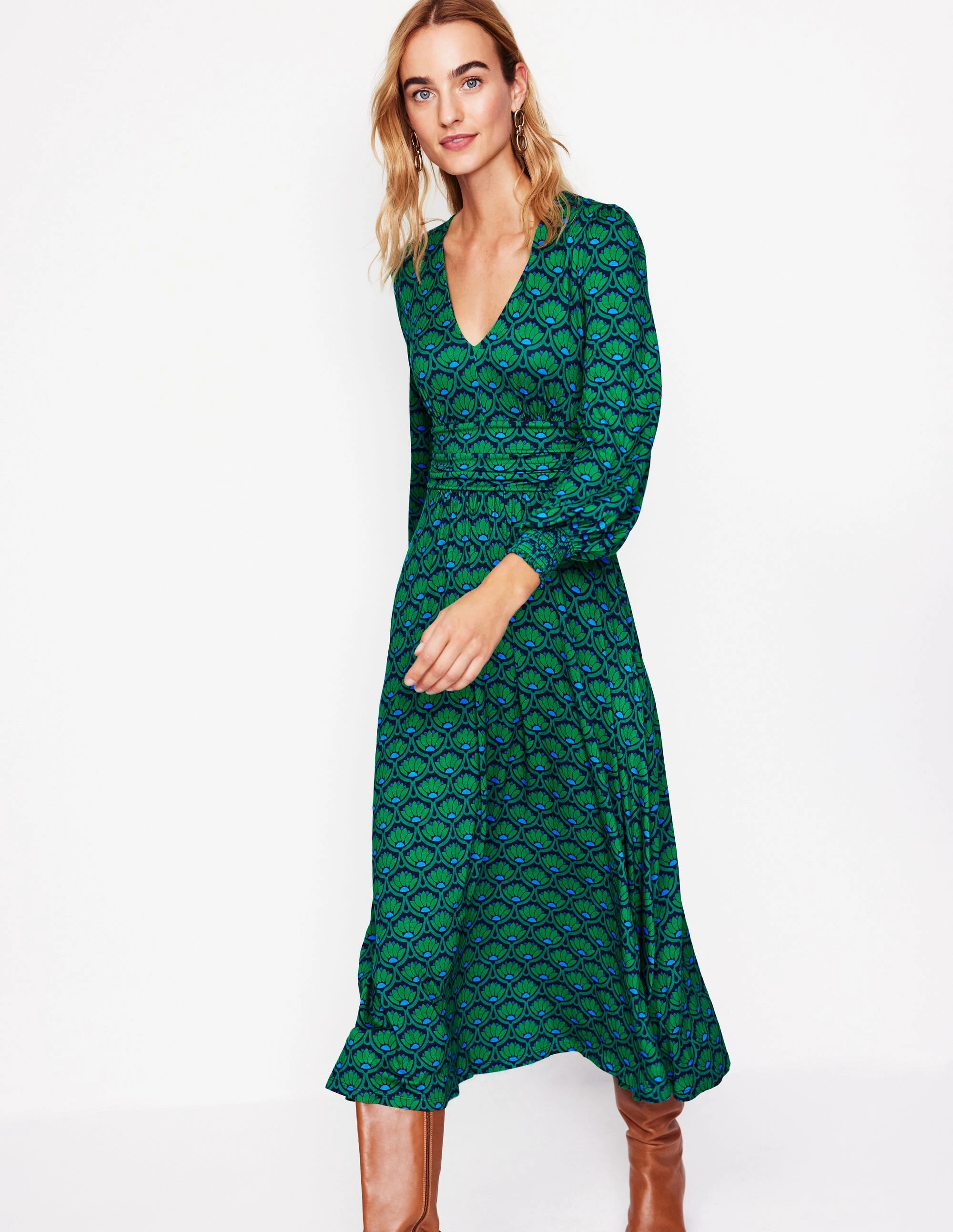 Sleek Form Daphne Jersey Maxi Dress-Rich Emerald, Lotus Stamp