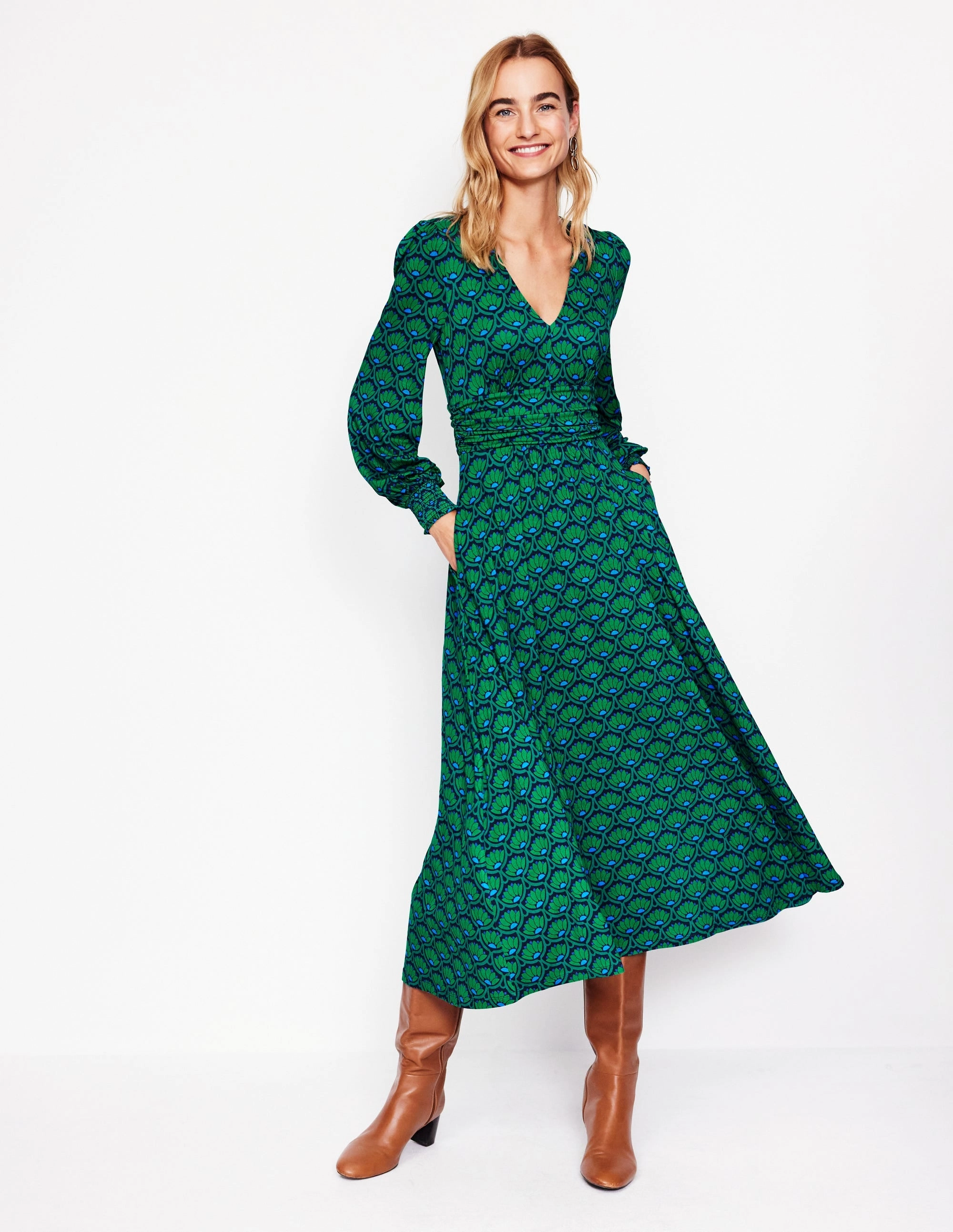 Flowing Design Daphne Jersey Maxi Dress-Rich Emerald, Lotus Stamp