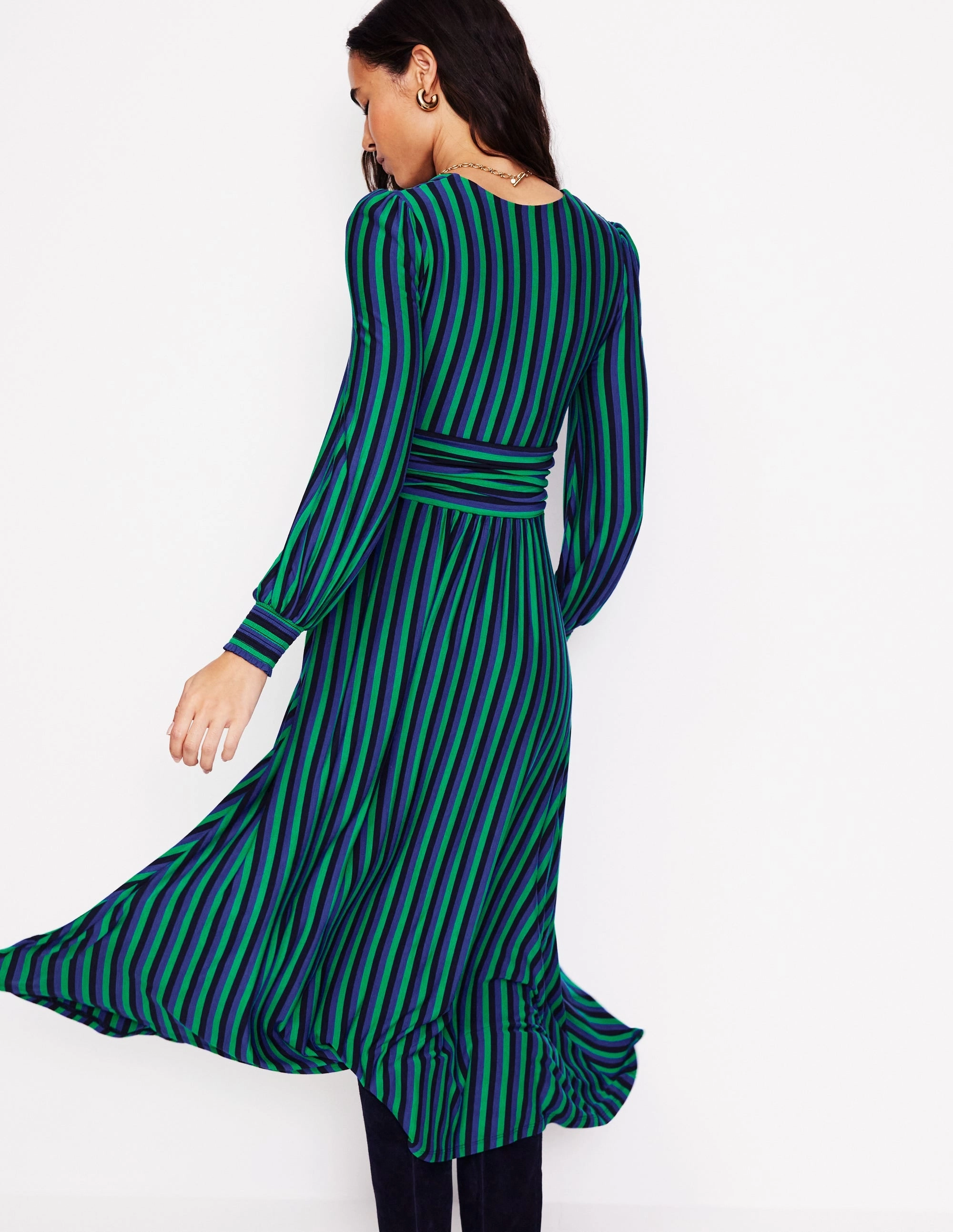 Fall Mood Daphne Jersey Maxi Dress-Rich Emerald, Mazarine Stripe