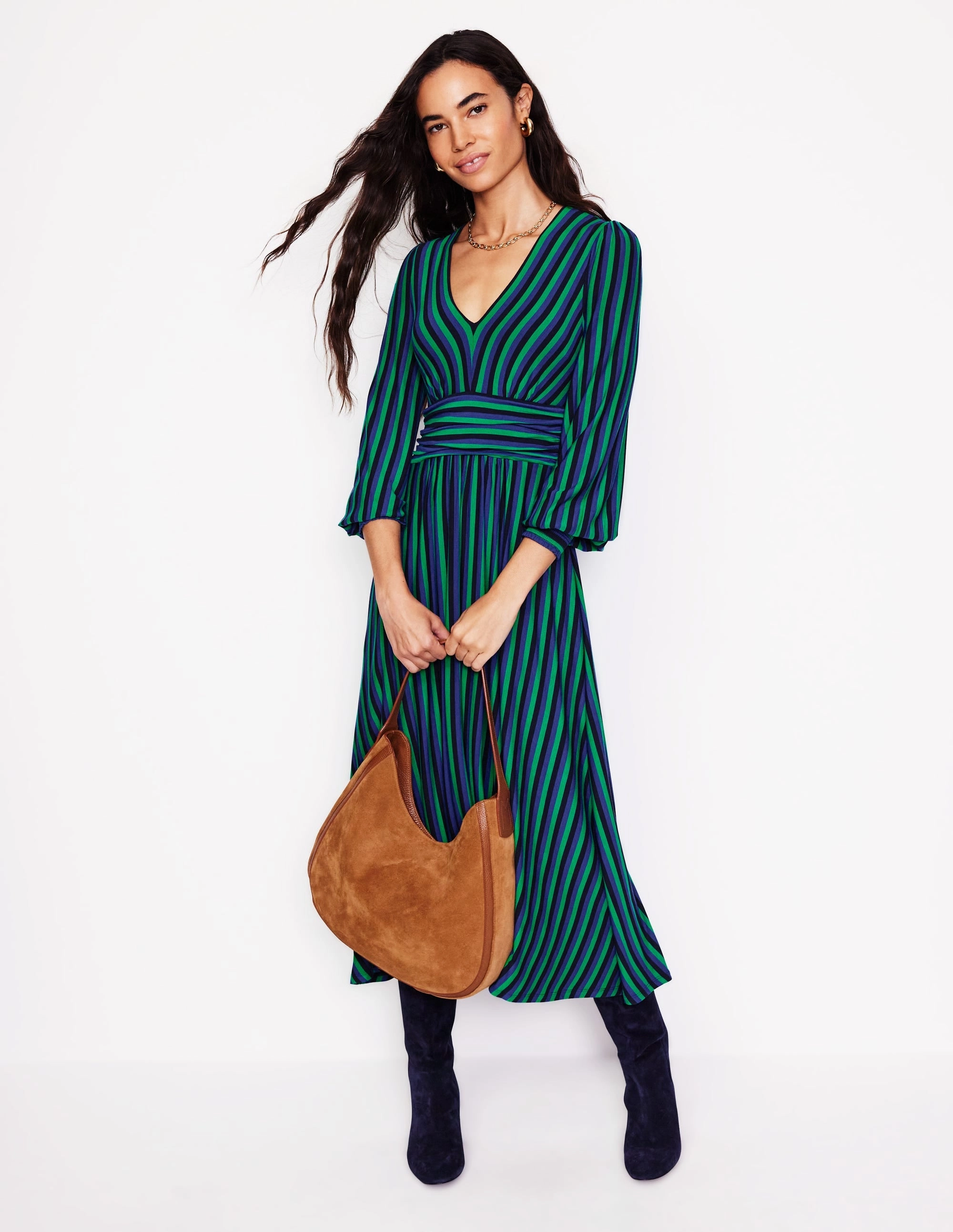 Pure Fabric Sleek Design Fit Daphne Jersey Maxi Dress-Rich Emerald, Mazarine Stripe