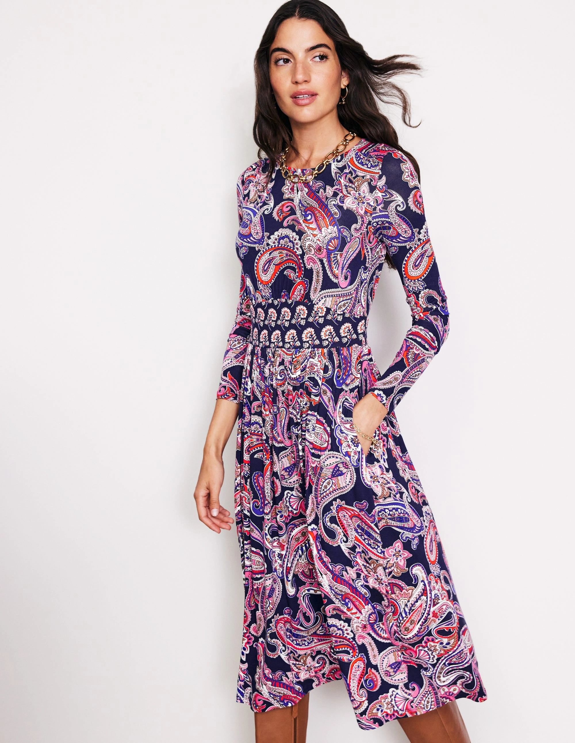 Thea Long Sleeve Jersey Dress-Multi, Opulent Paisley Satin Fabric Gemstone-Detail