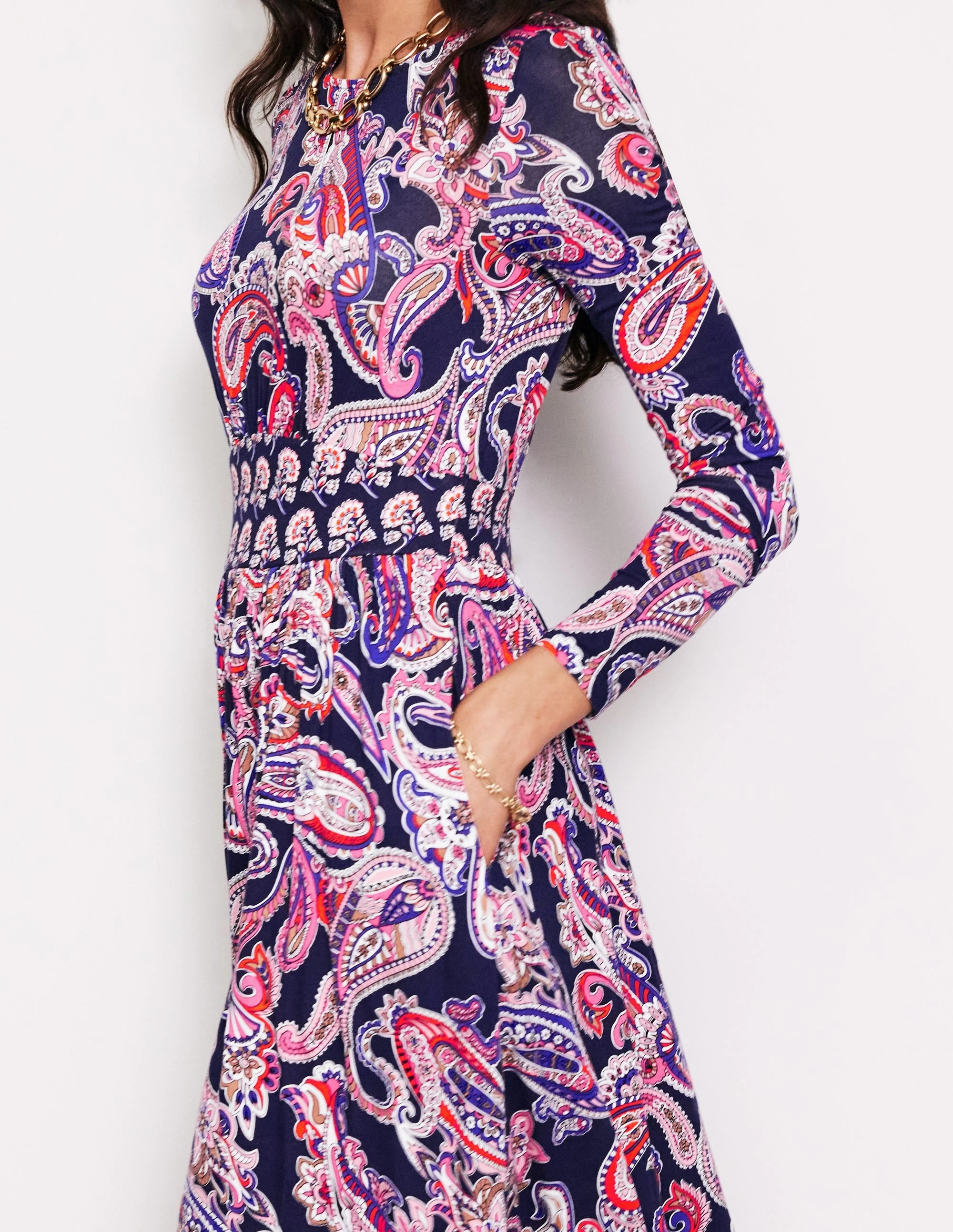 Thea Long Sleeve Jersey Dress-Multi, Opulent Paisley Minimal Curve