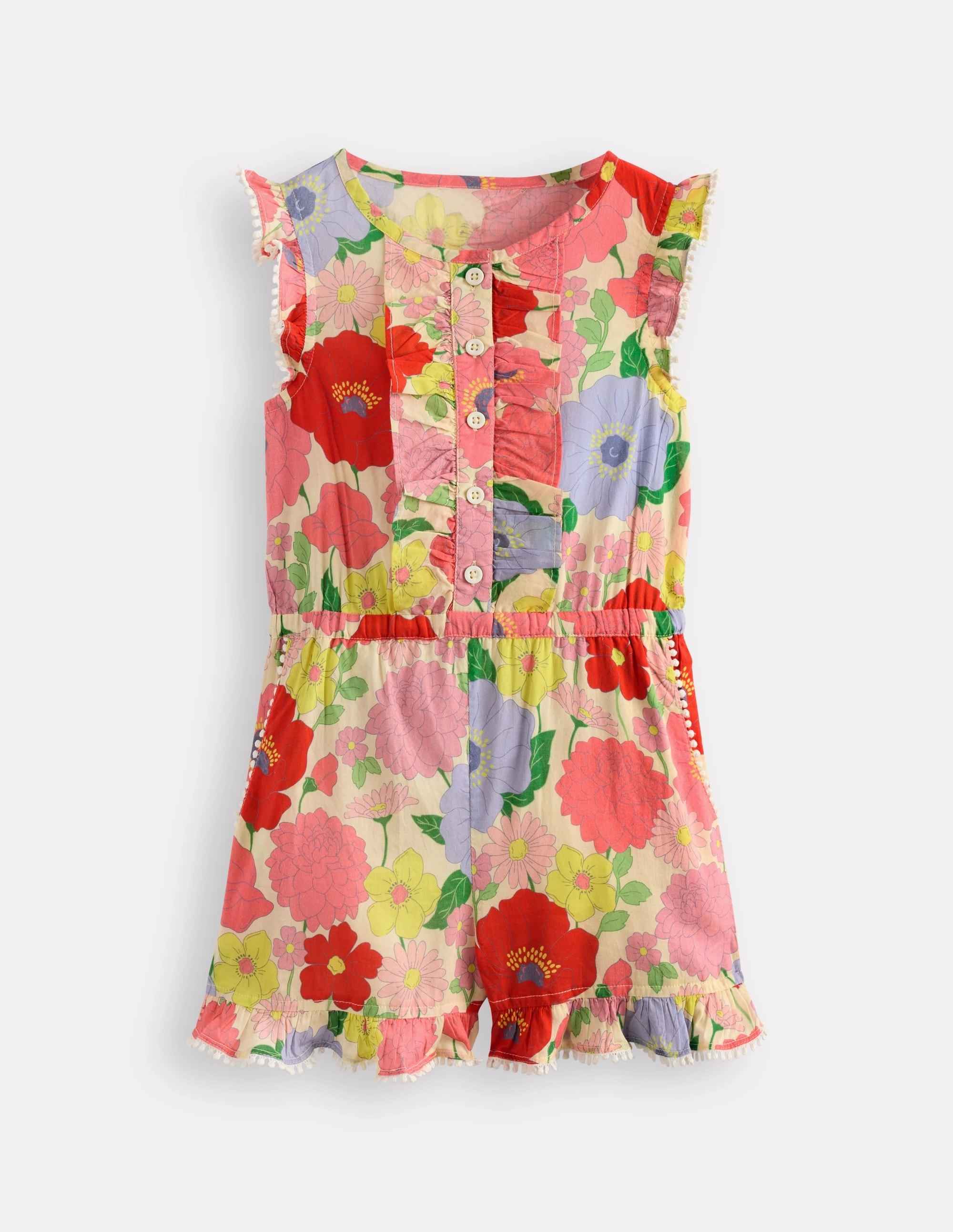 Button Through Ruffle Playsuit-Multi Summer Garden Vibrant evening gown