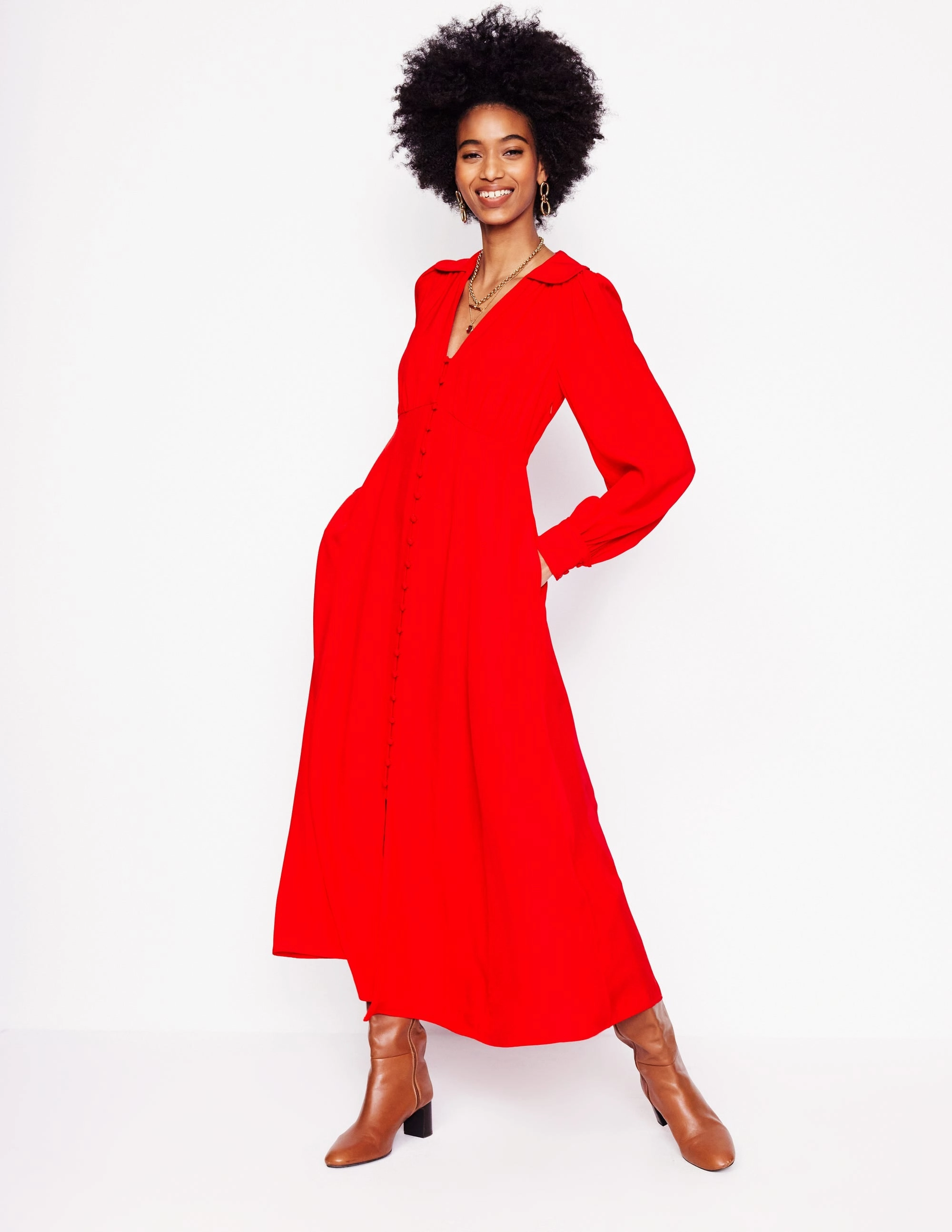Scalloped Collar Tea Dress-Poppy Red Elastic-Cuff