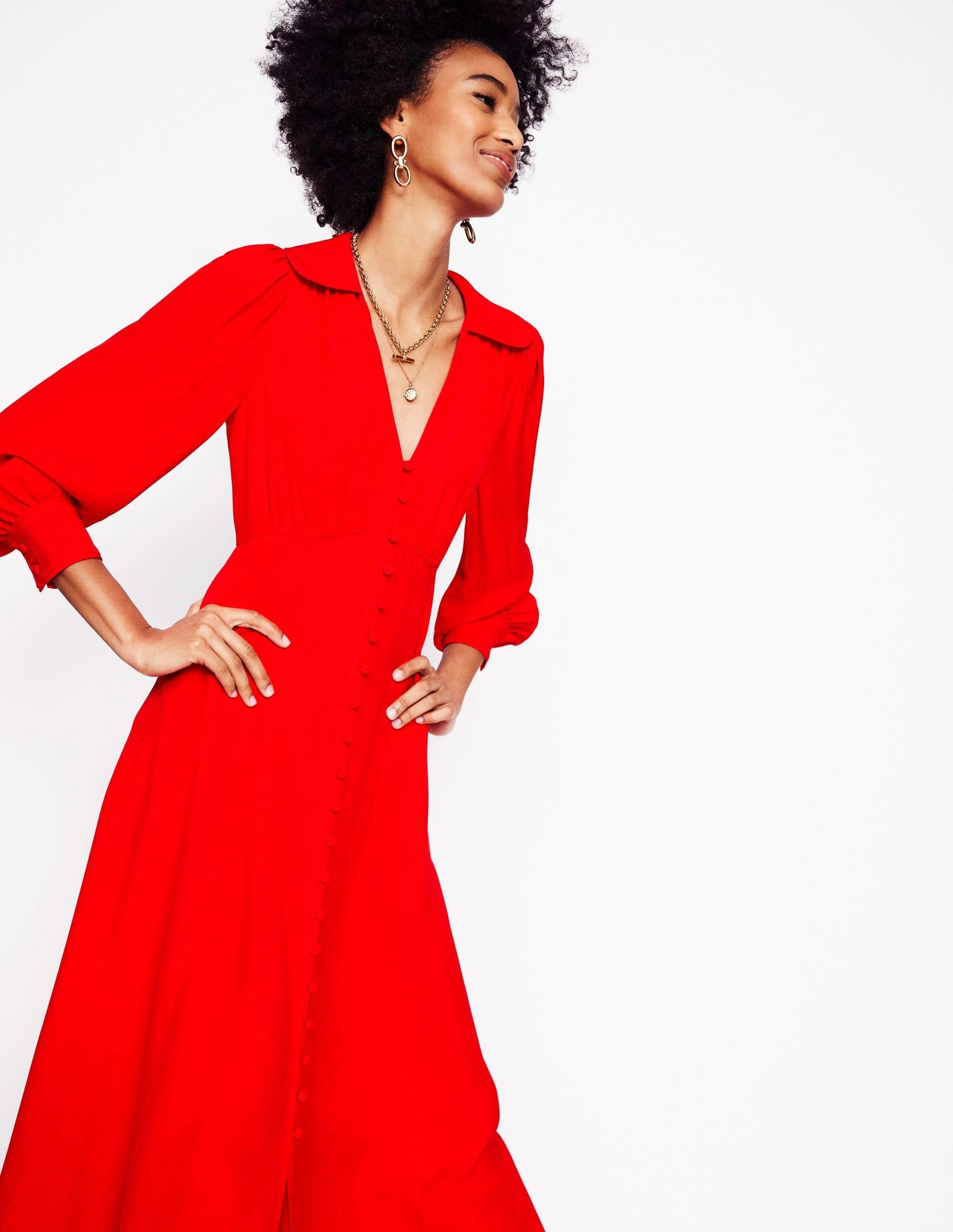 Quick-Dry Dress for brunch Scalloped Collar Tea Dress-Poppy Red