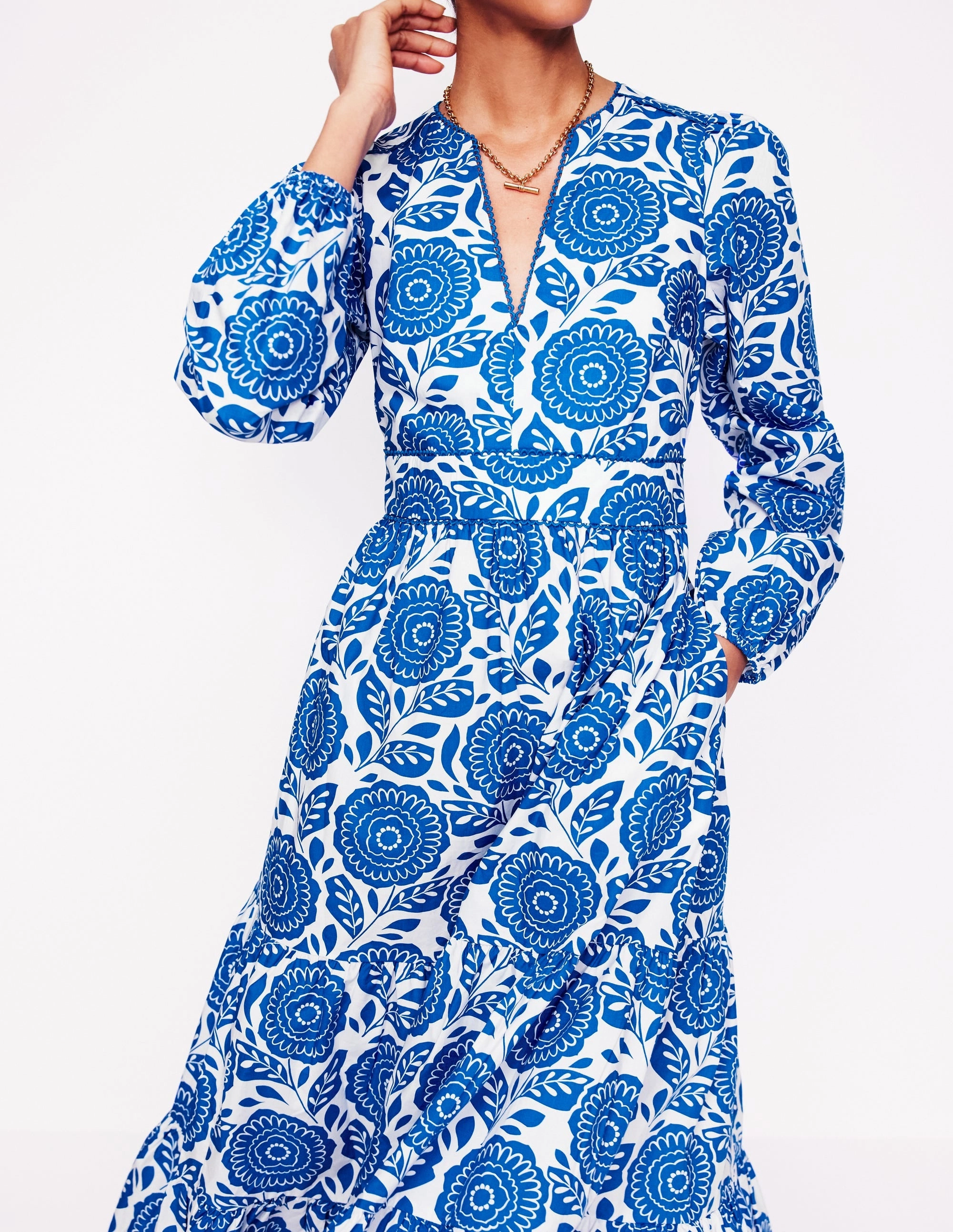 Violet Midi Dress-Gallery Blue, Dahlia Stamp Cozy Design