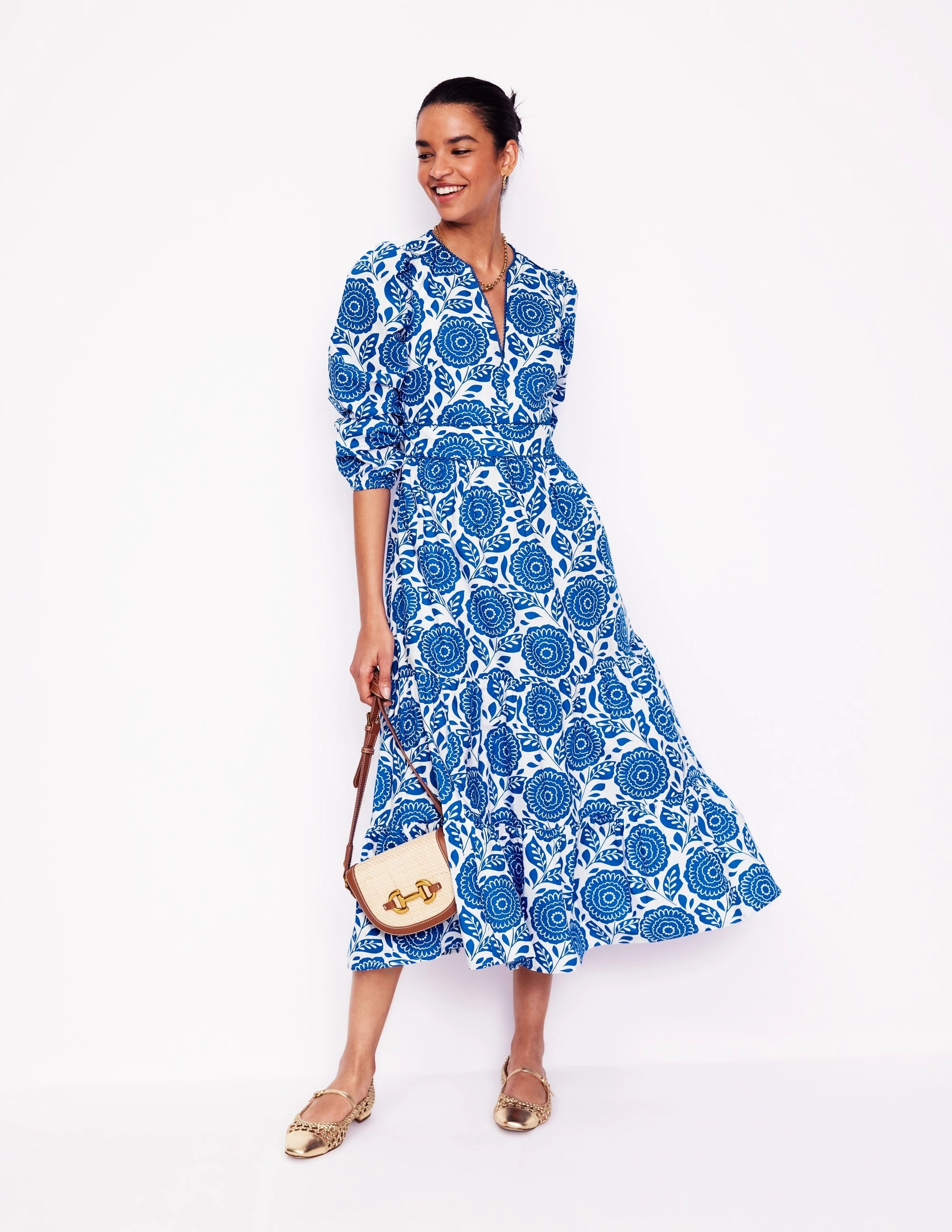 Comfy Detail Stylish Pick Violet Midi Dress-Gallery Blue, Dahlia Stamp