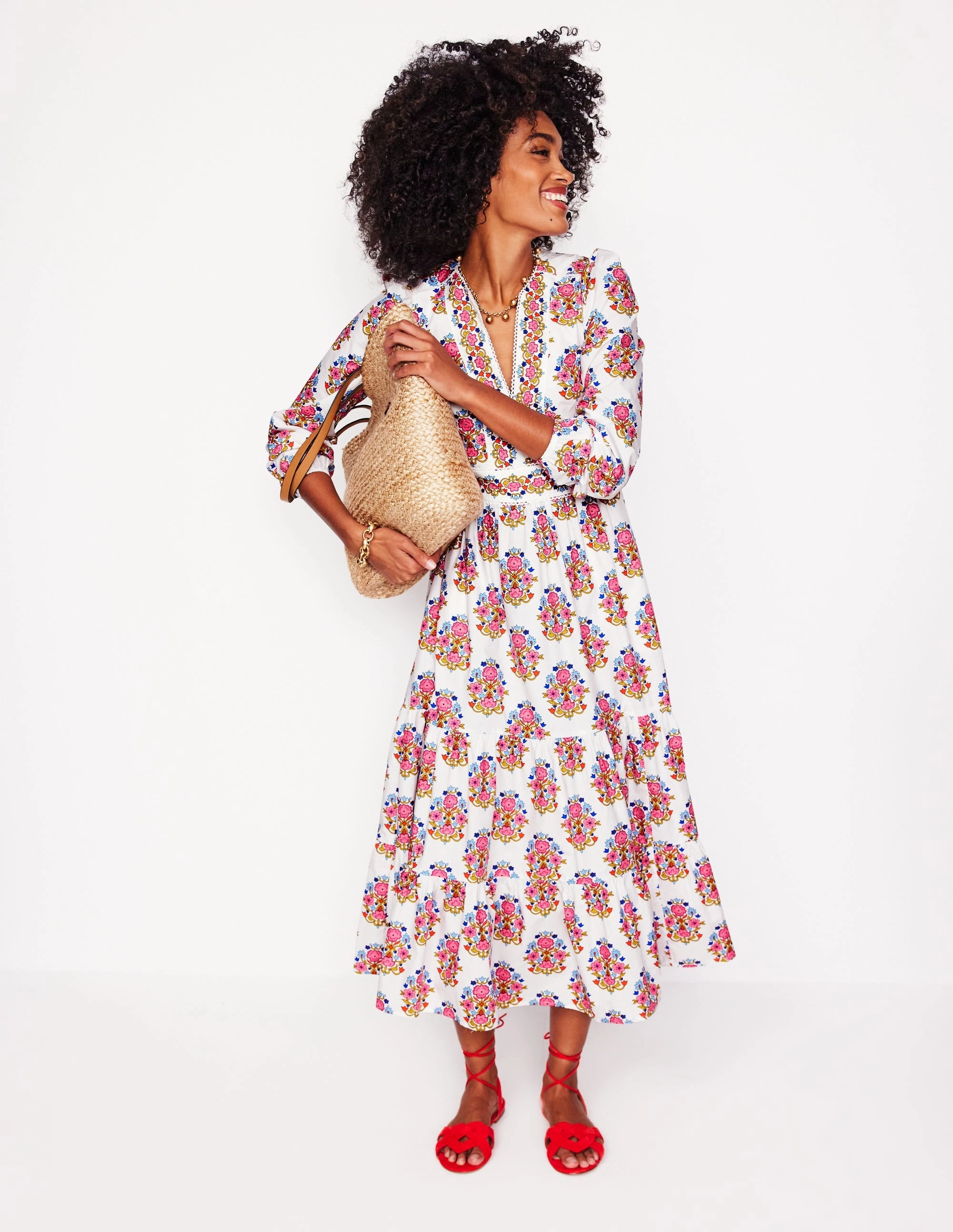 Violet Midi Dress-Ivory, Wildflower Stamp Subtle Glam