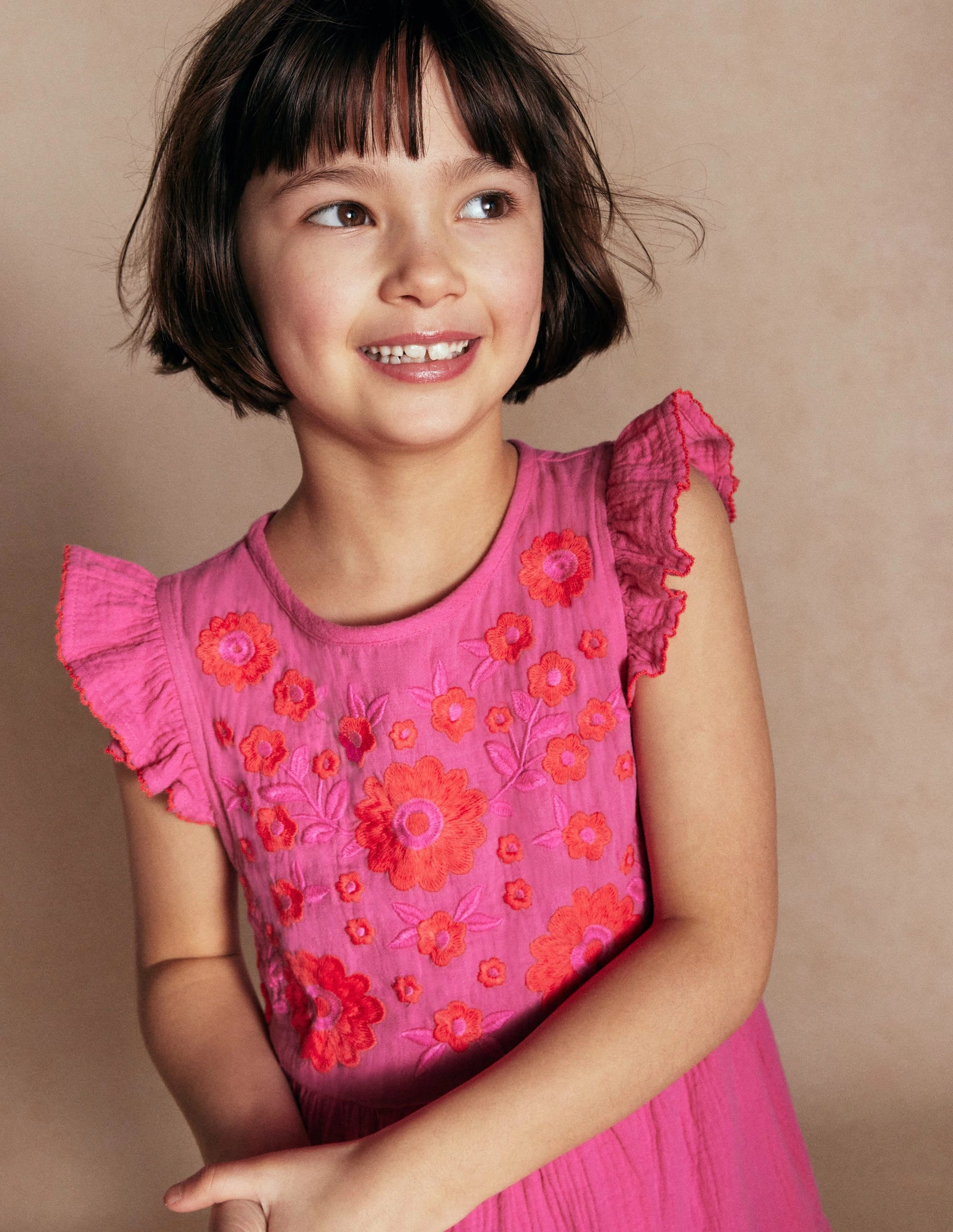 Work Appropriate Easy Mood Tiered Doublecloth Dress-Sorbet Pink Embroidered