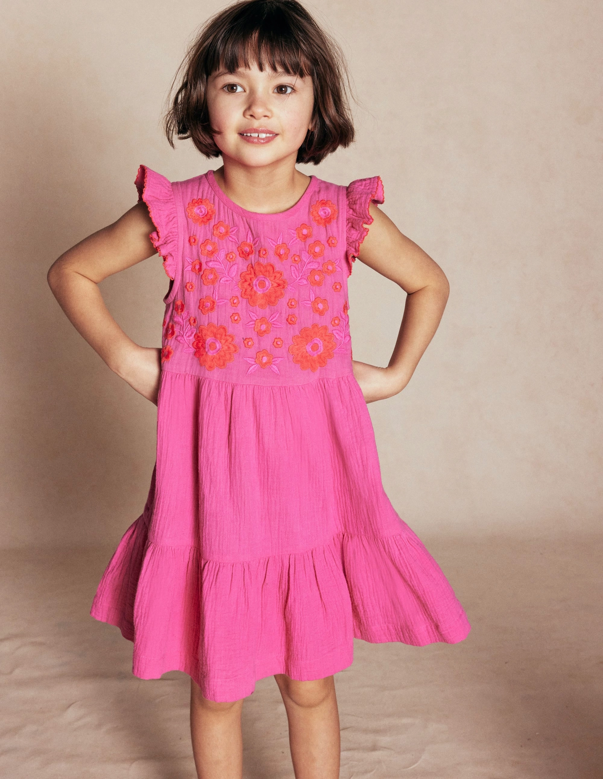 Easy Fit Tiered Doublecloth Dress-Sorbet Pink Embroidered