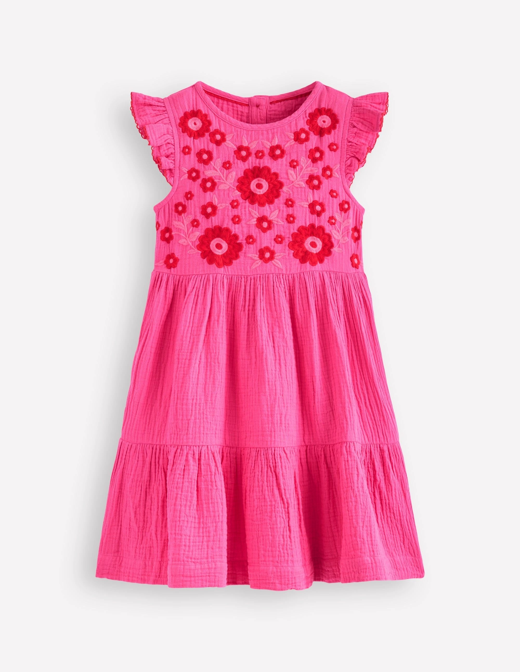 Tiered Doublecloth Dress-Sorbet Pink Embroidered Crinkle Effect Timeless Look