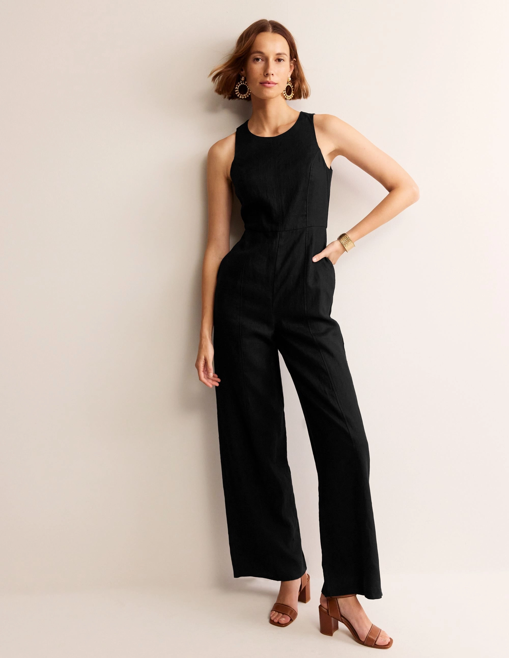 Applique-Detail Carla Linen Jumpsuit-Black