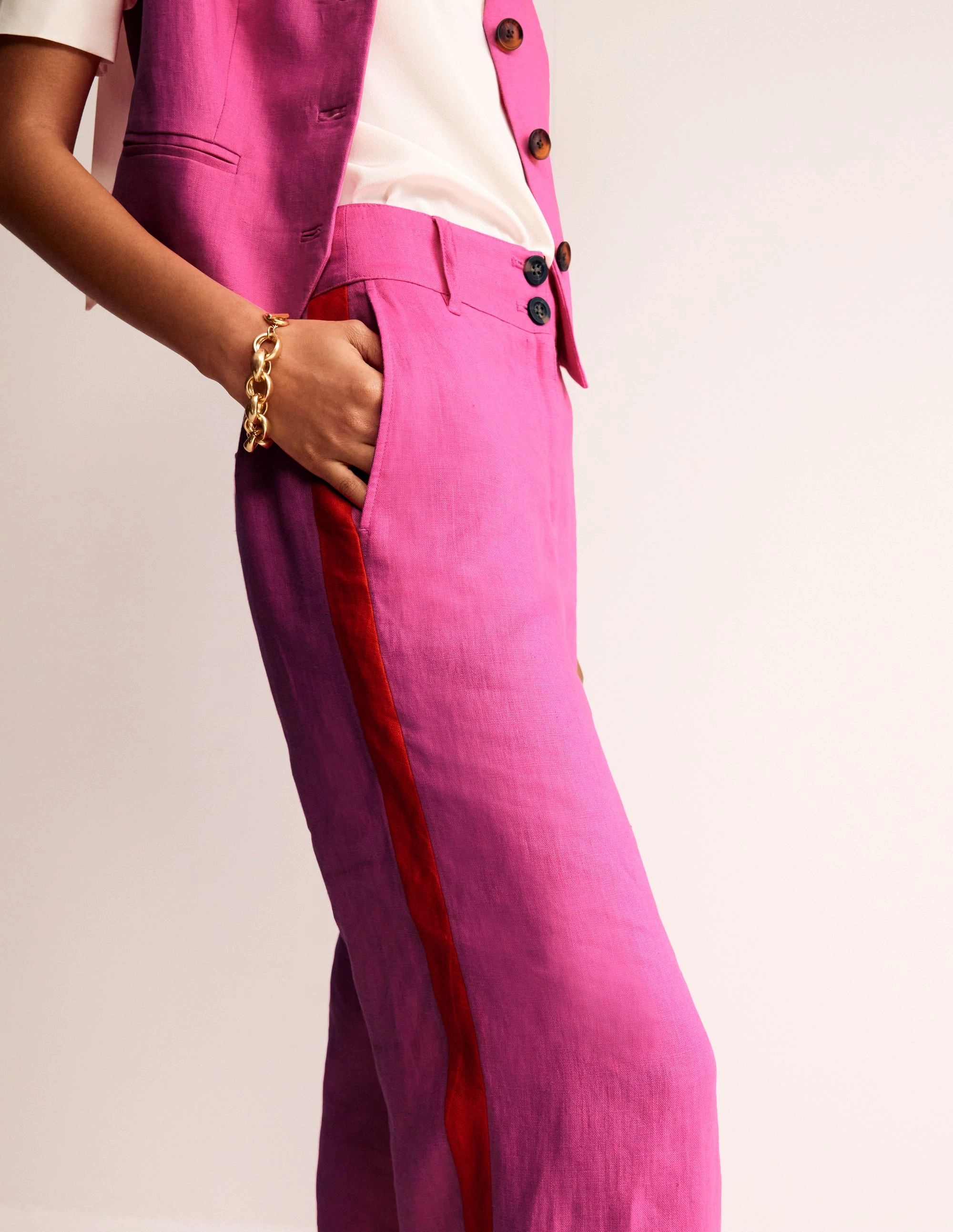 Relaxed Fit Design Westbourne Linen Trousers-Pop Pansy, Red Side Stripe