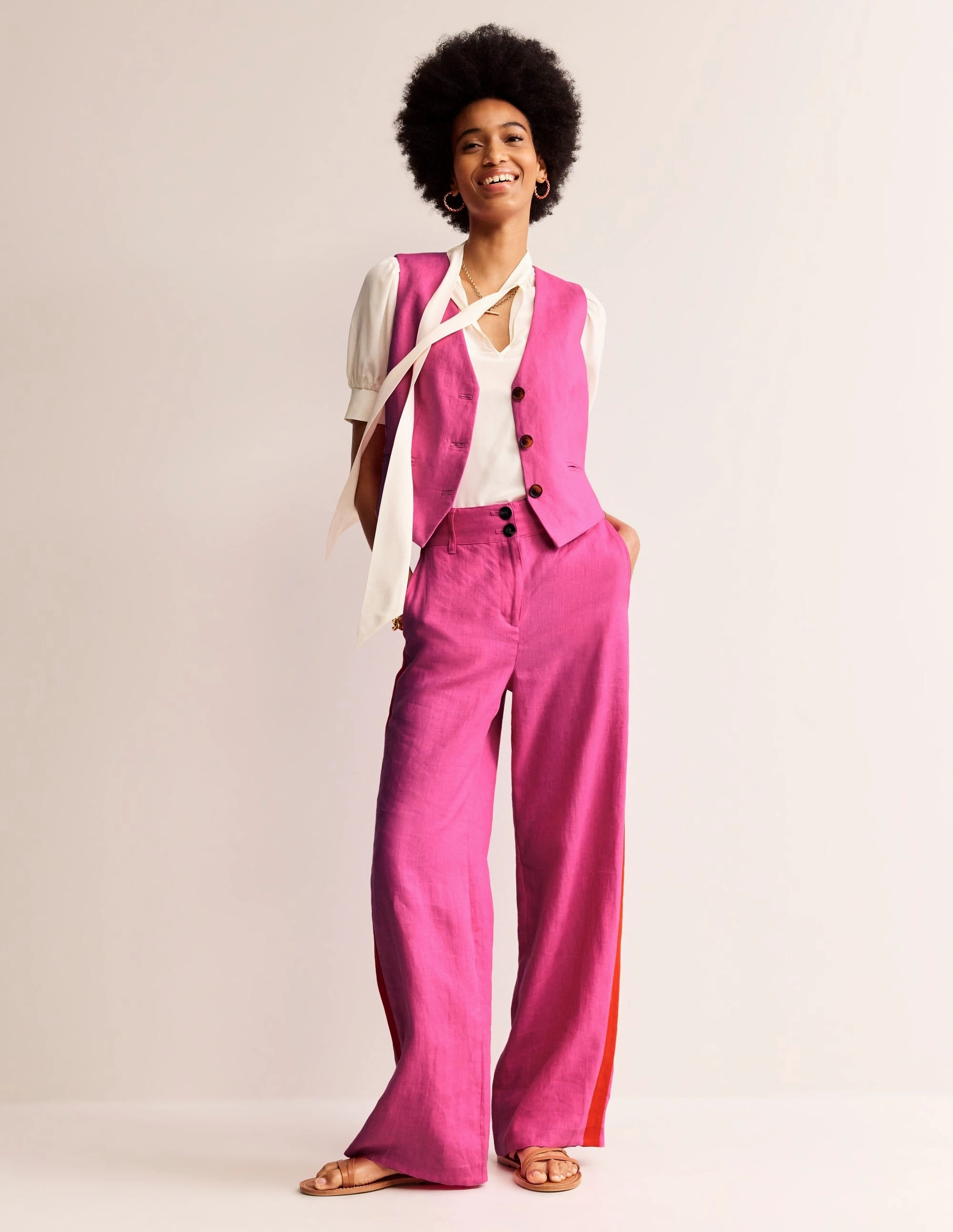 Stretchable Wear Stain Resistant Weave Westbourne Linen Trousers-Pop Pansy, Red Side Stripe