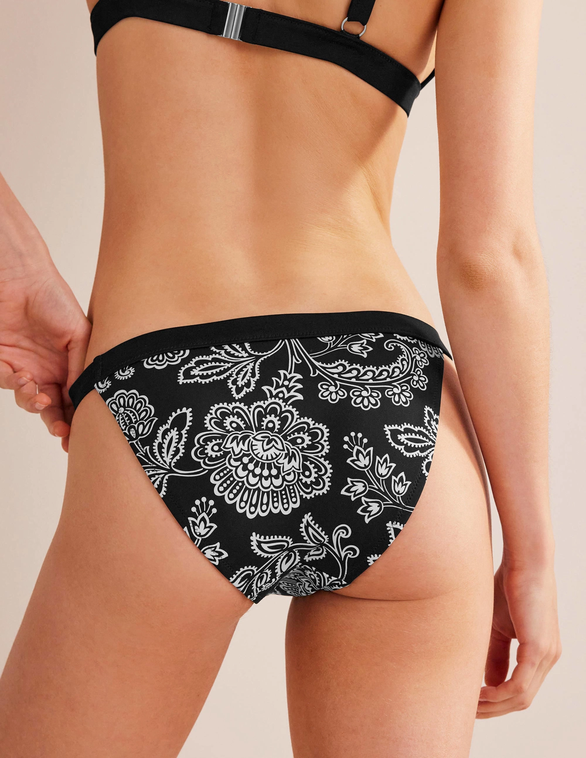 Tanga Bikini Bottoms-Black, White Floral Multi Way Tie Non Restrictive Cut