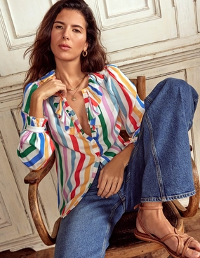 Comfy Look Wear Everyday Style Trend Ruffle Collar Silk Blend Top-Mauve, Strawberry Tart Rainbow