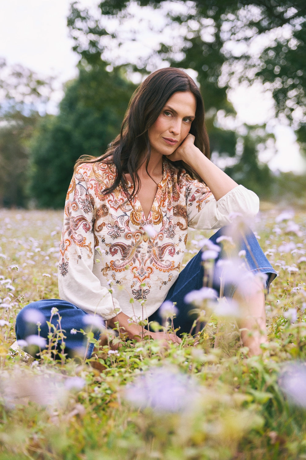 Printed Jersey Top - Intricate Paisley Layered Neckline Details SelfFabric Binding