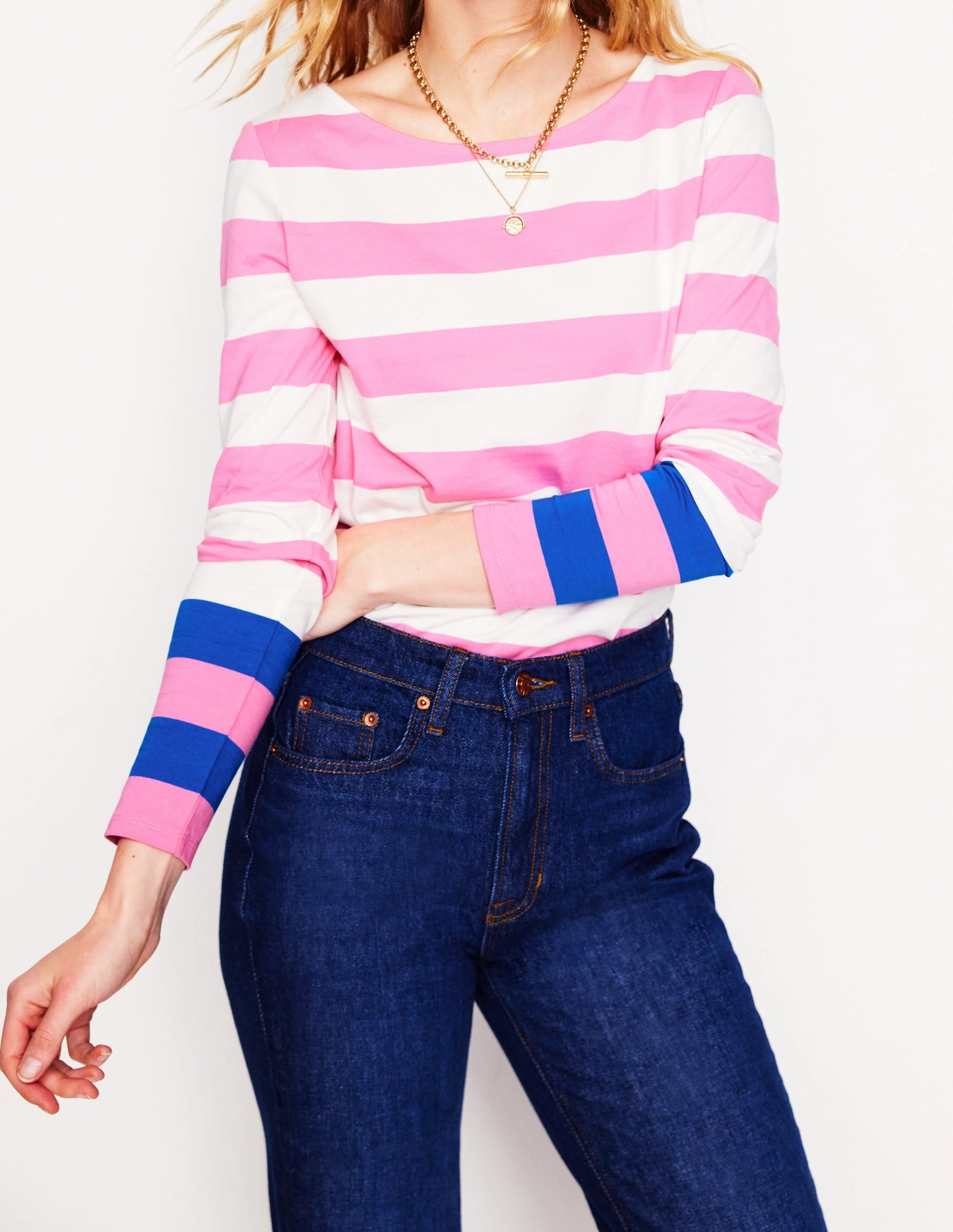 Neutral Color Layered Neckline Ella Long Sleeve Breton-Pink Rose, Gallery Blue Cuff