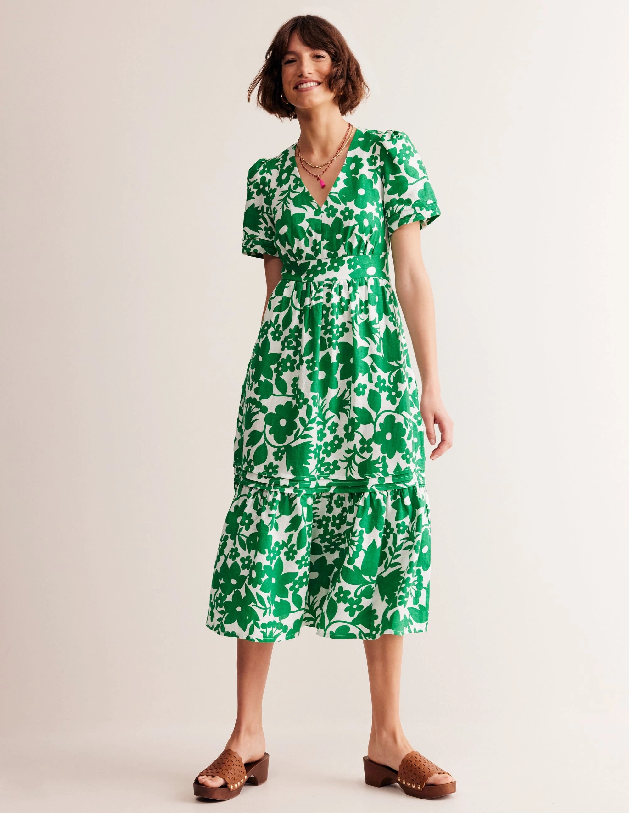 Elegant Comfort Relaxed fit wear Eve Linen Midi Dress-Green Tambourine, Tulip Garden