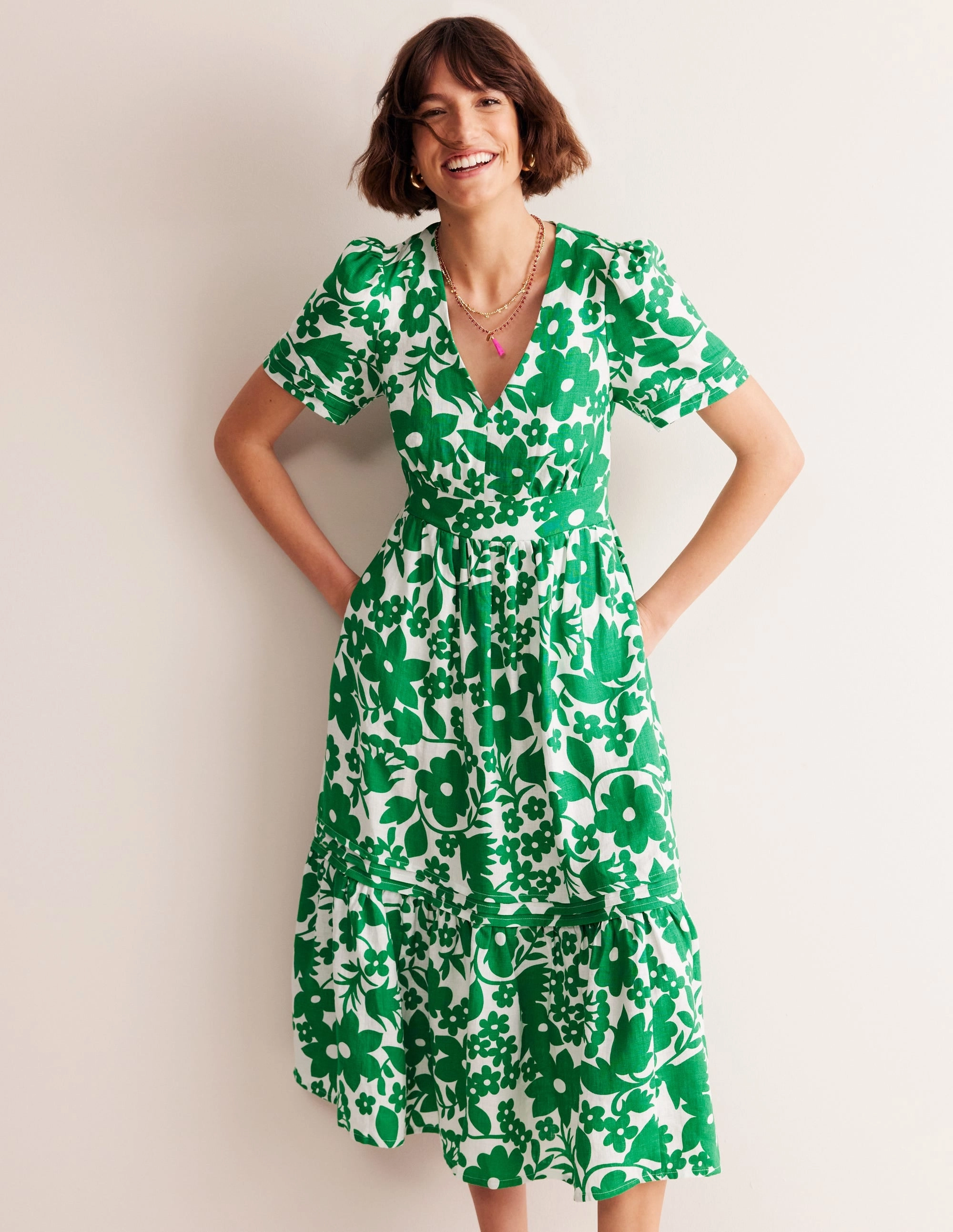 Chic Waist Design Simple Elegance Eve Linen Midi Dress-Green Tambourine, Tulip Garden