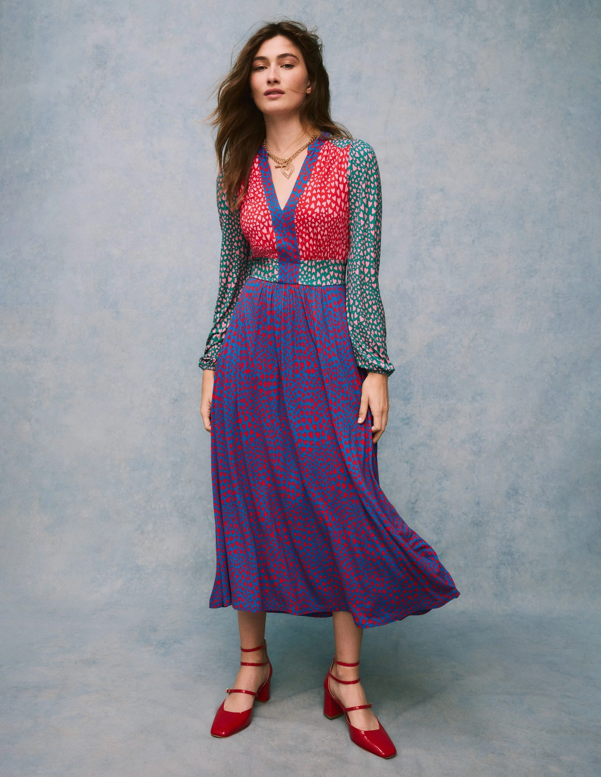 Urban Classic Lily Long Sleeve Midi Dress-Multi, Heart Cluster