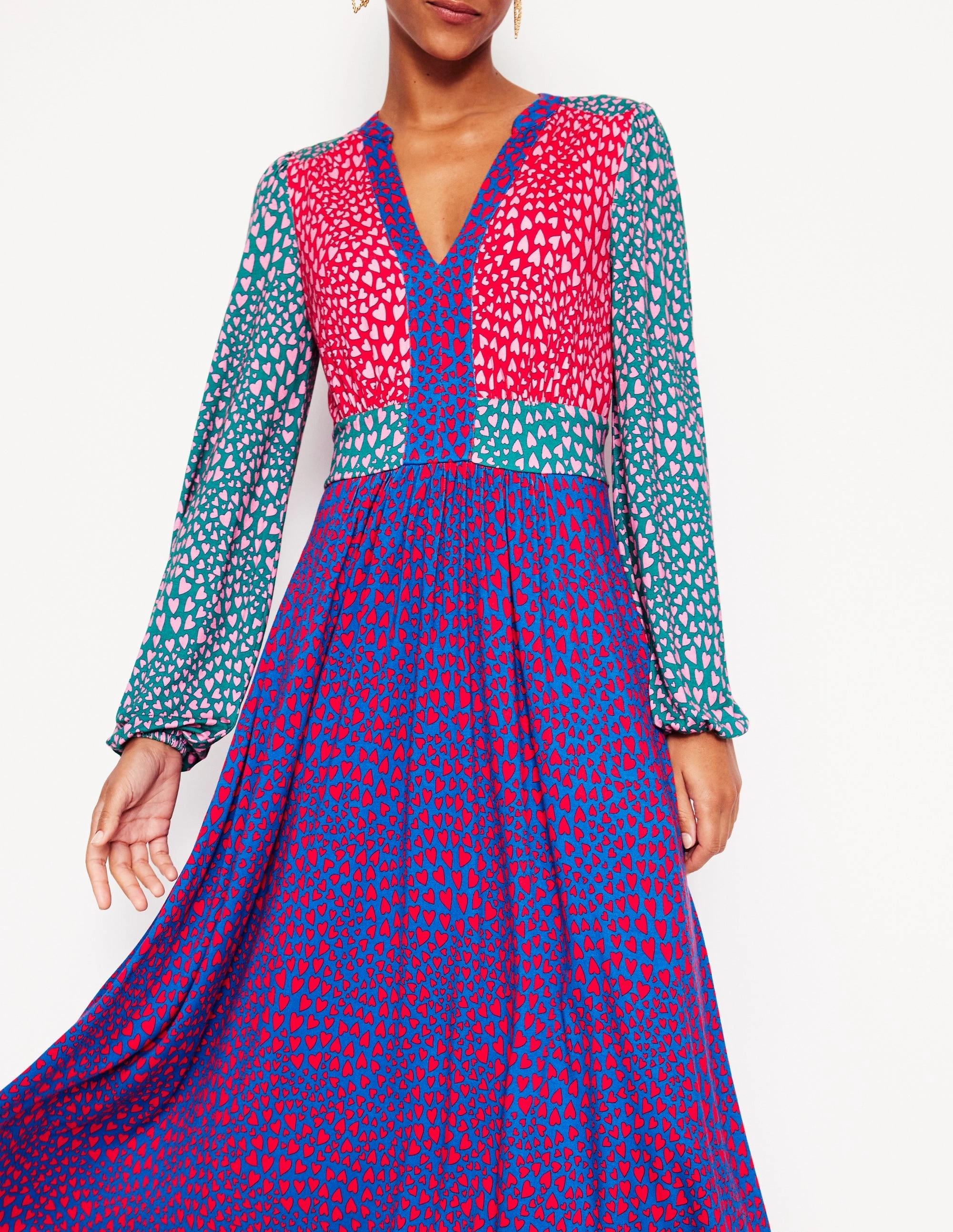 Flattering Waistband Sleek Waist Design Fit Lily Long Sleeve Midi Dress-Multi, Heart Cluster