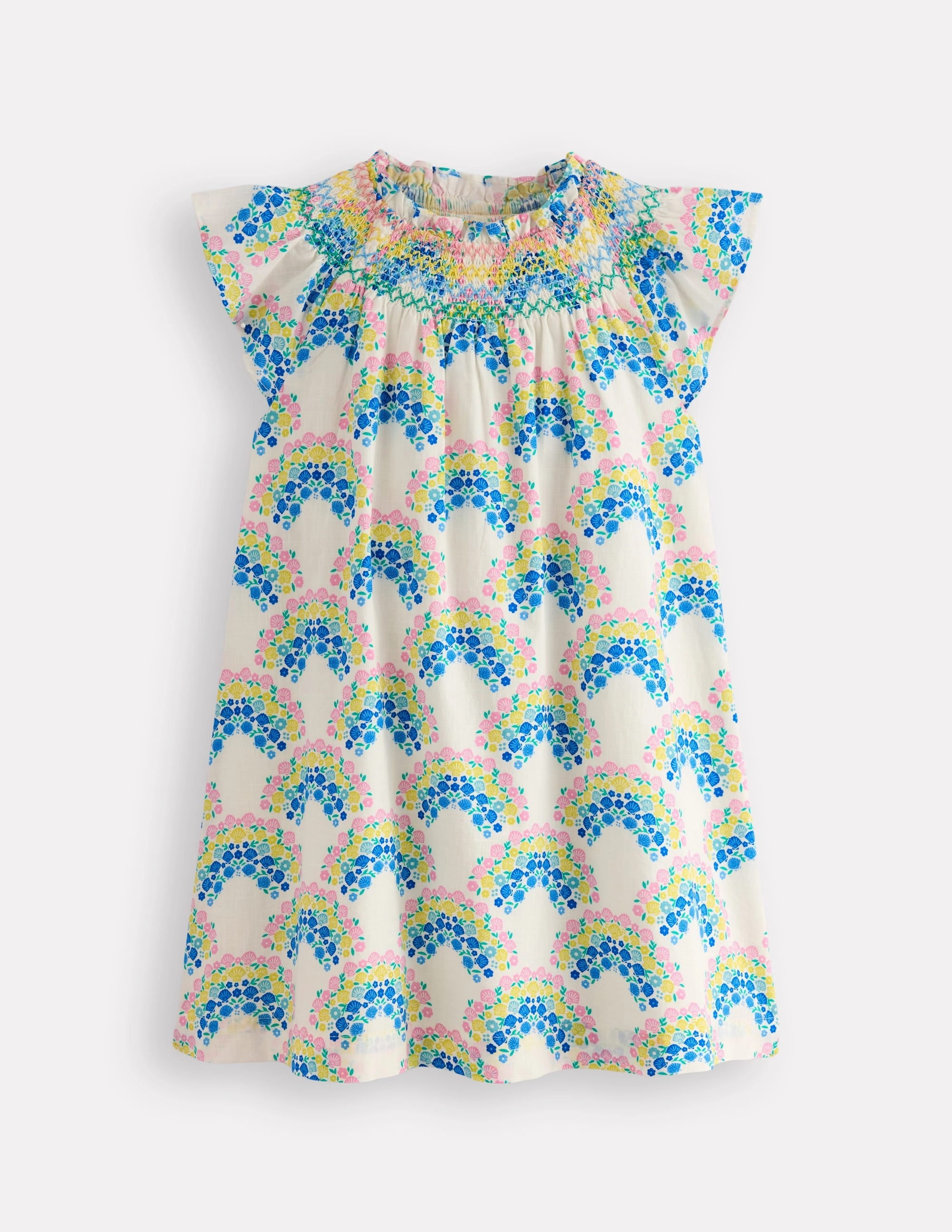 Bow Glow Crisp Silhouette Holiday Smocked Dress-Soft Ivory Rainbow Shells