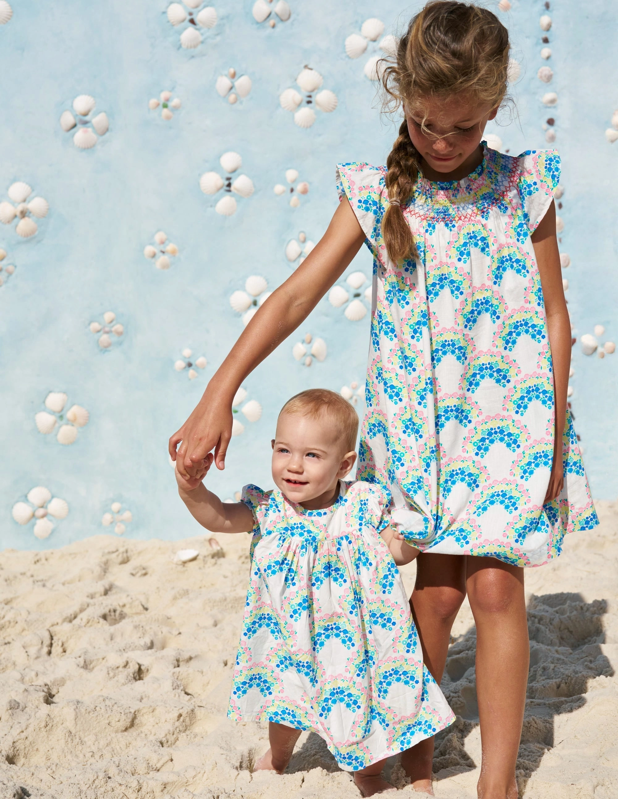 Holiday Smocked Dress-Soft Ivory Rainbow Shells Stylish Layer