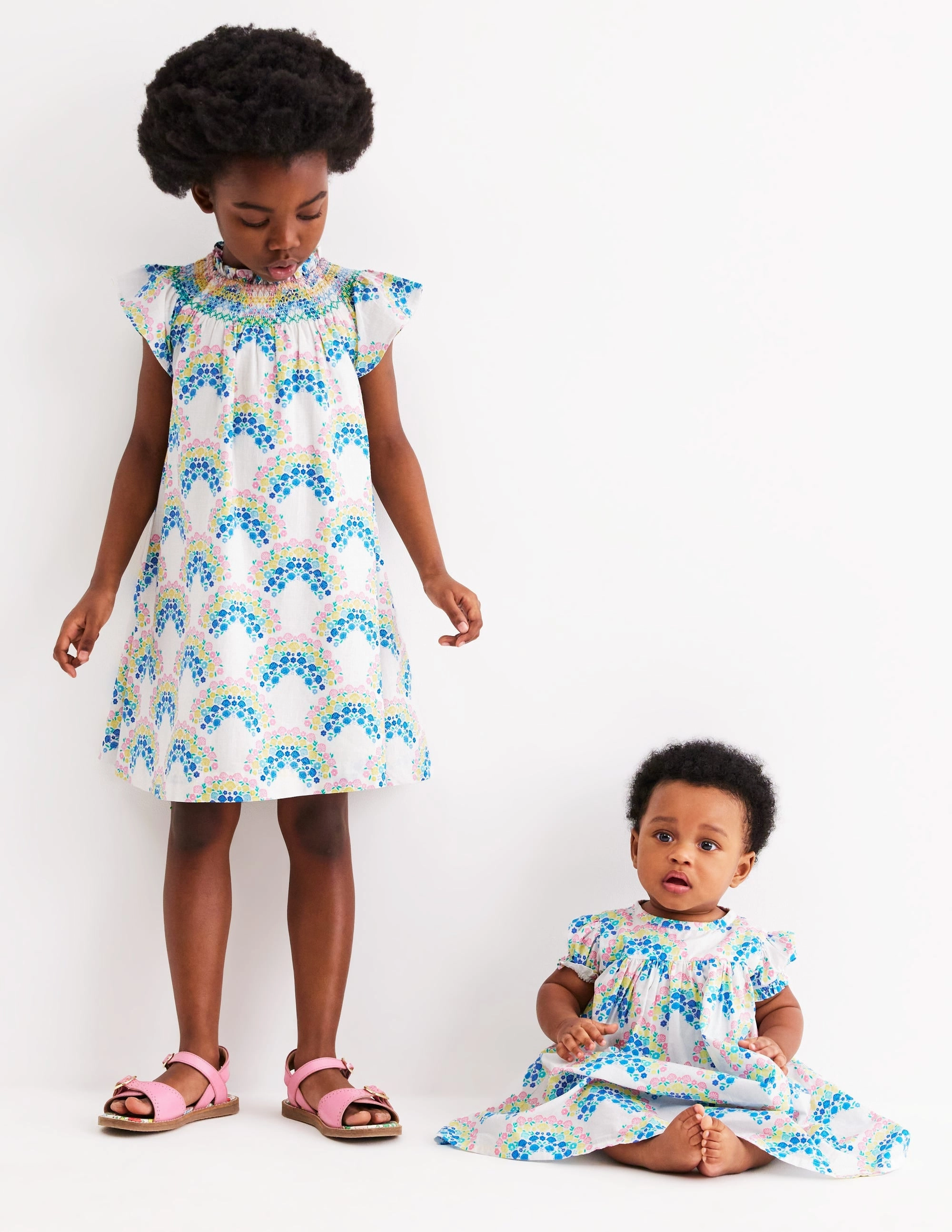 Holiday Smocked Dress-Soft Ivory Rainbow Shells Seasonal Must-Have