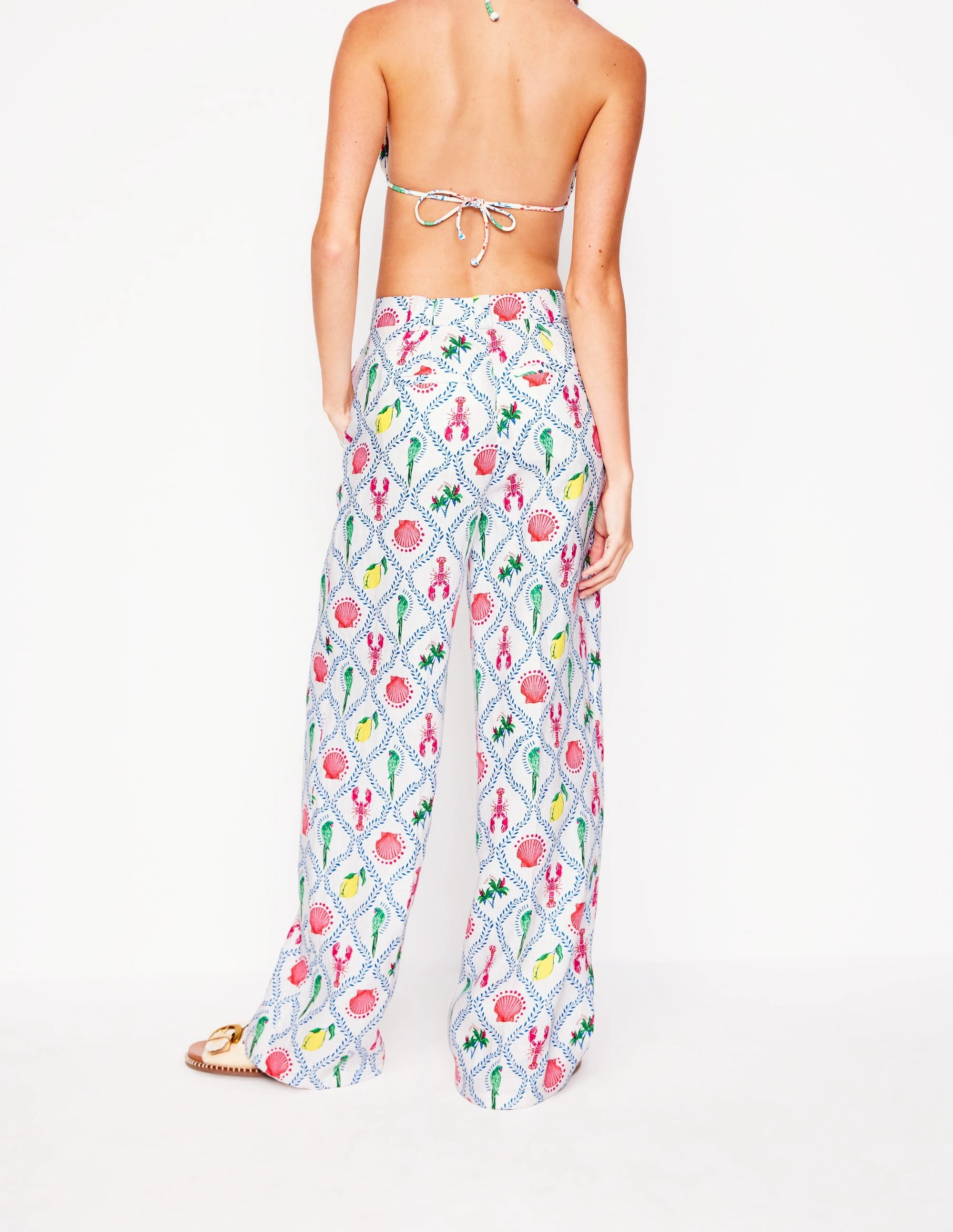 Cooling Fabric ReinforcedSeams Westbourne Linen Trousers-Ivory, Tropical Bonanza Vine