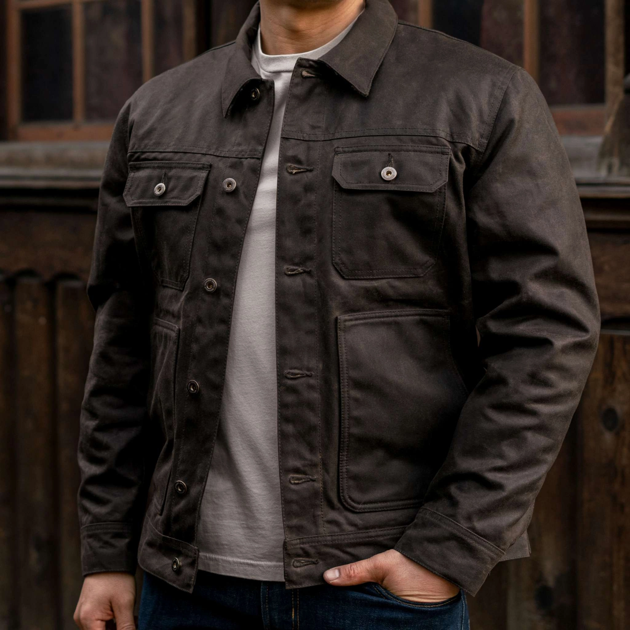 Lightweight Outerwear Hexagonal Quilted Pattern Waxed Trucker Jacket | Dark Olive