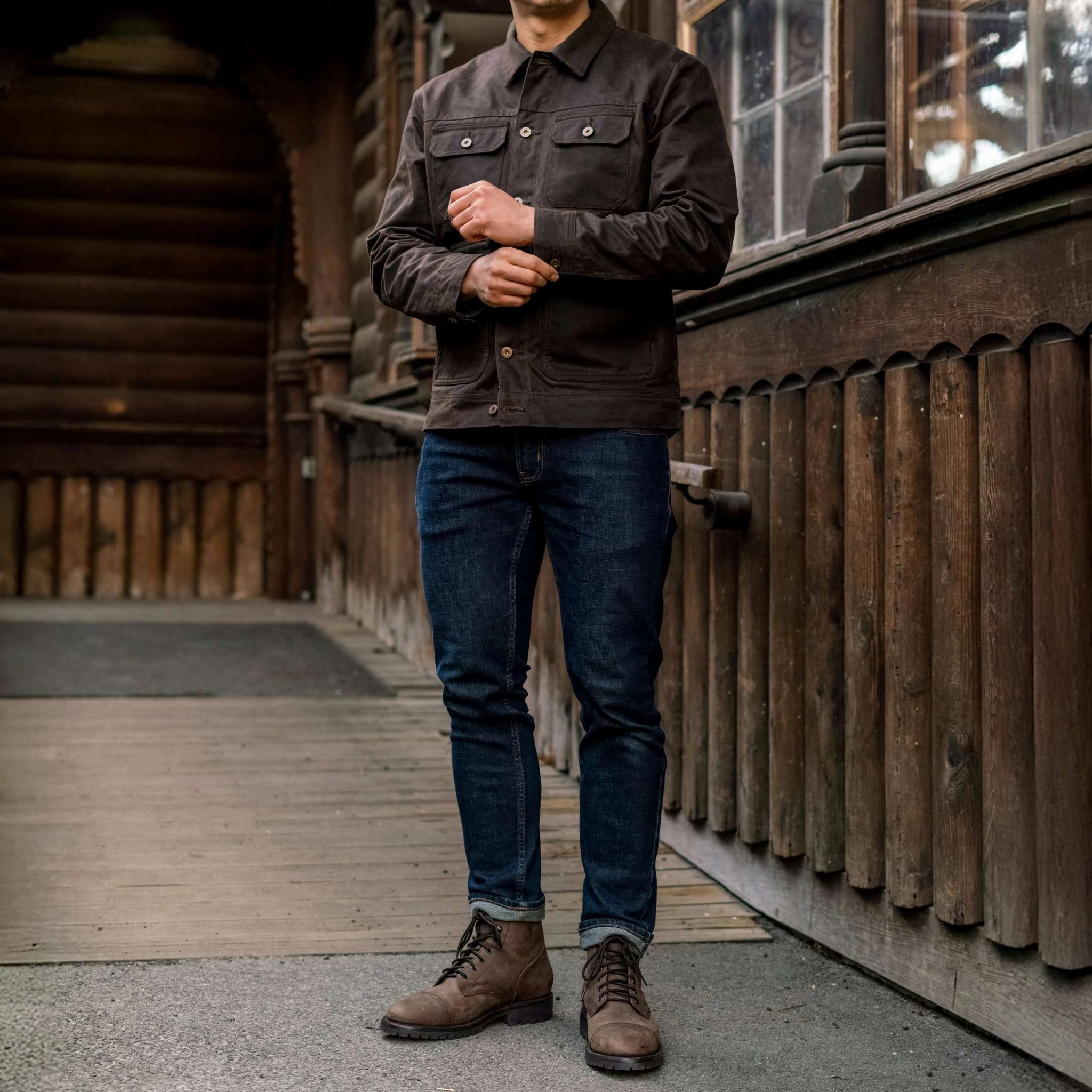 High-Tech Fabric Waxed Trucker Jacket | Dark Olive