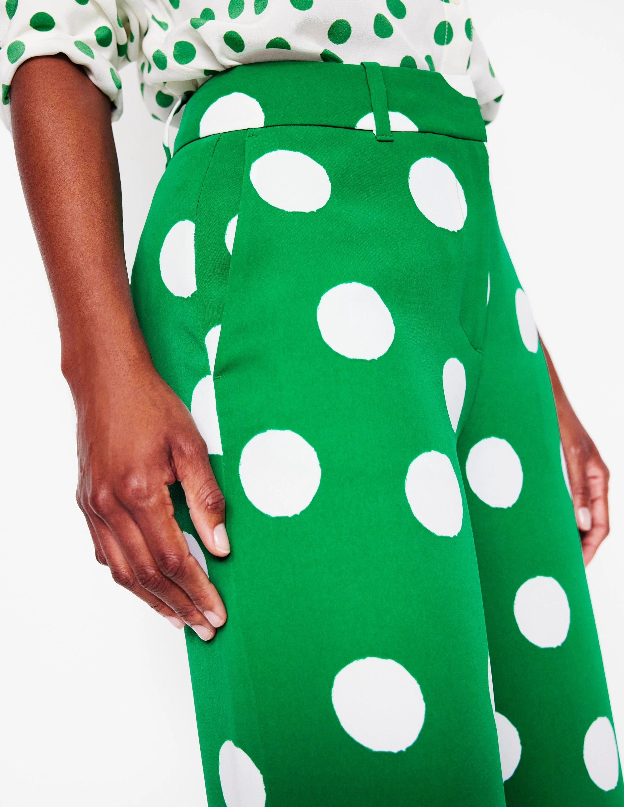 Wide Leg Trousers-Rich Emerald, Abstract Dot EcoFriendlyMaterial