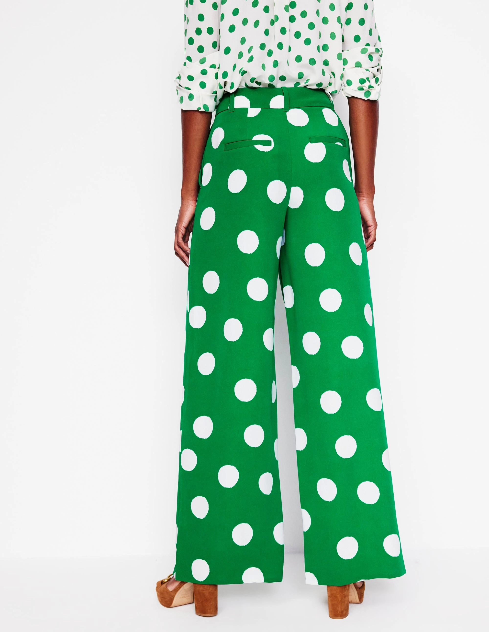 Laser Cut Perforations Wide Leg Trousers-Rich Emerald, Abstract Dot