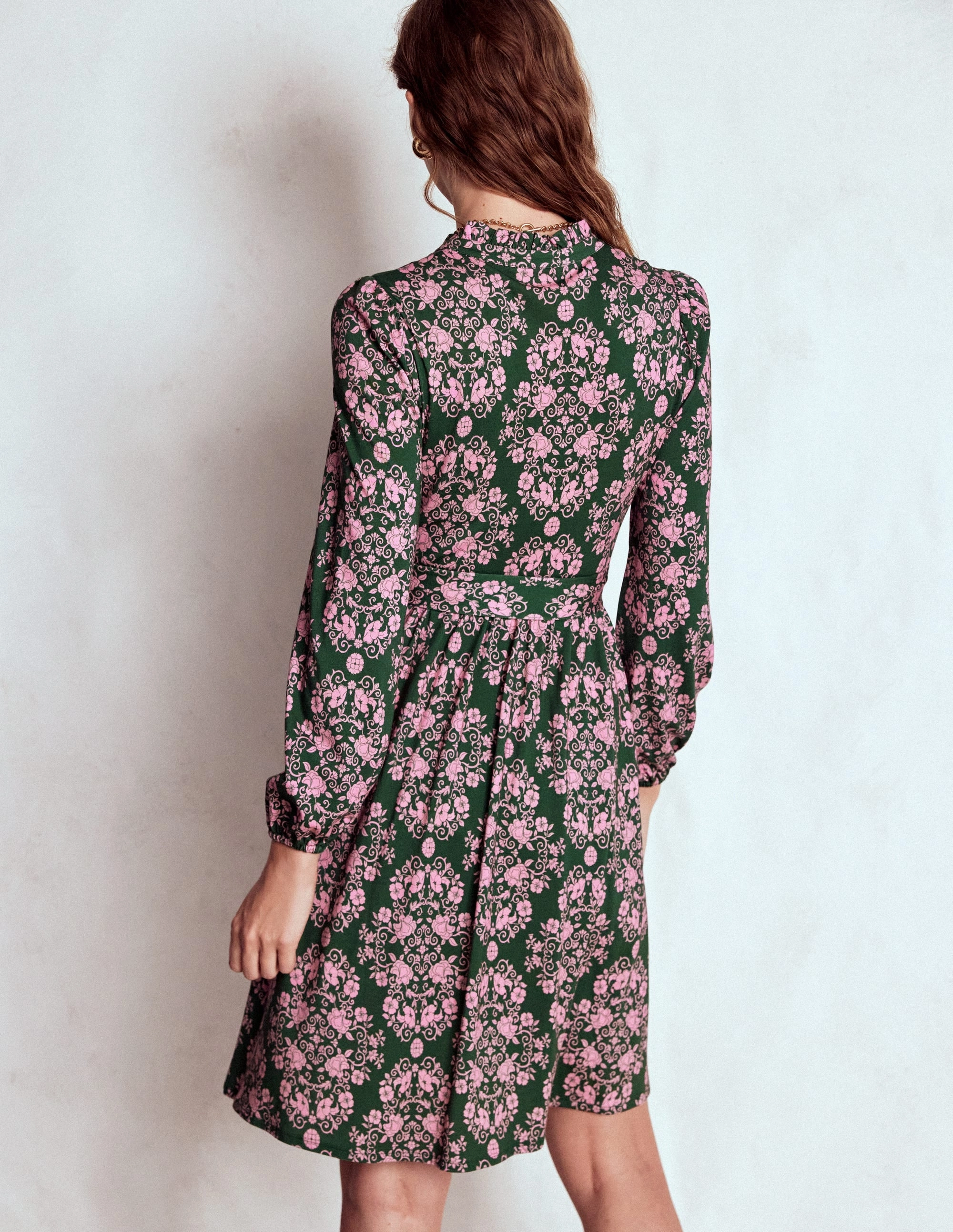 Willow Ruffle Neck Shirt Dress-Green, Ornamental Lattice Chilly Wear