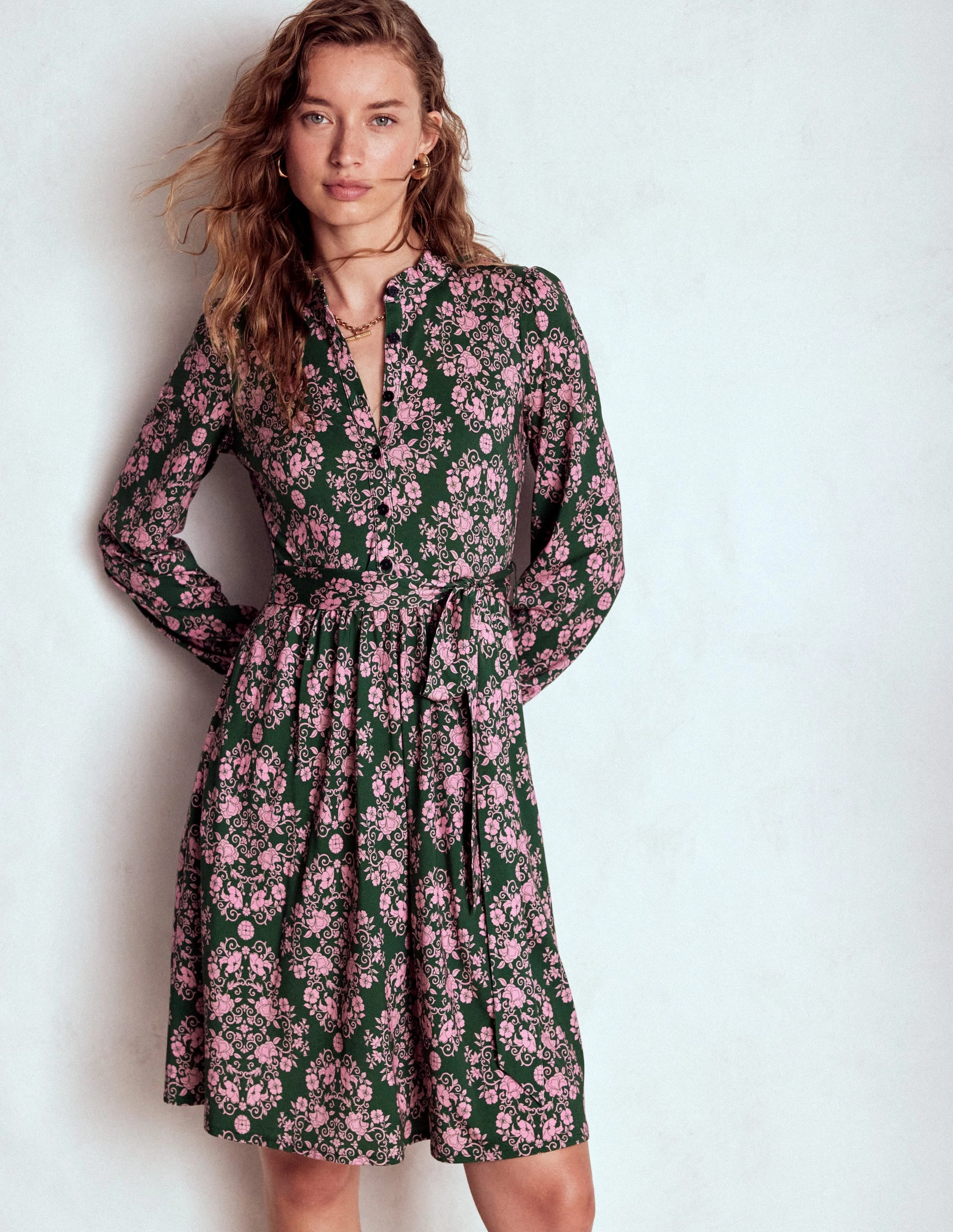 Willow Ruffle Neck Shirt Dress-Green, Ornamental Lattice Subtle Drape Sleek Waistband