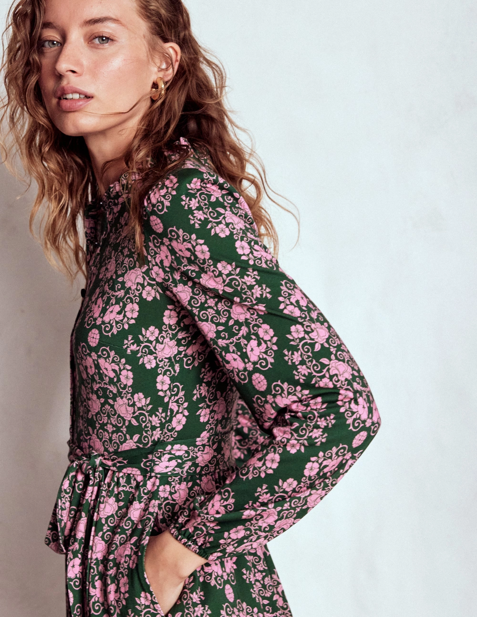 Willow Ruffle Neck Shirt Dress-Green, Ornamental Lattice Embroidered Fabric Perfect Look