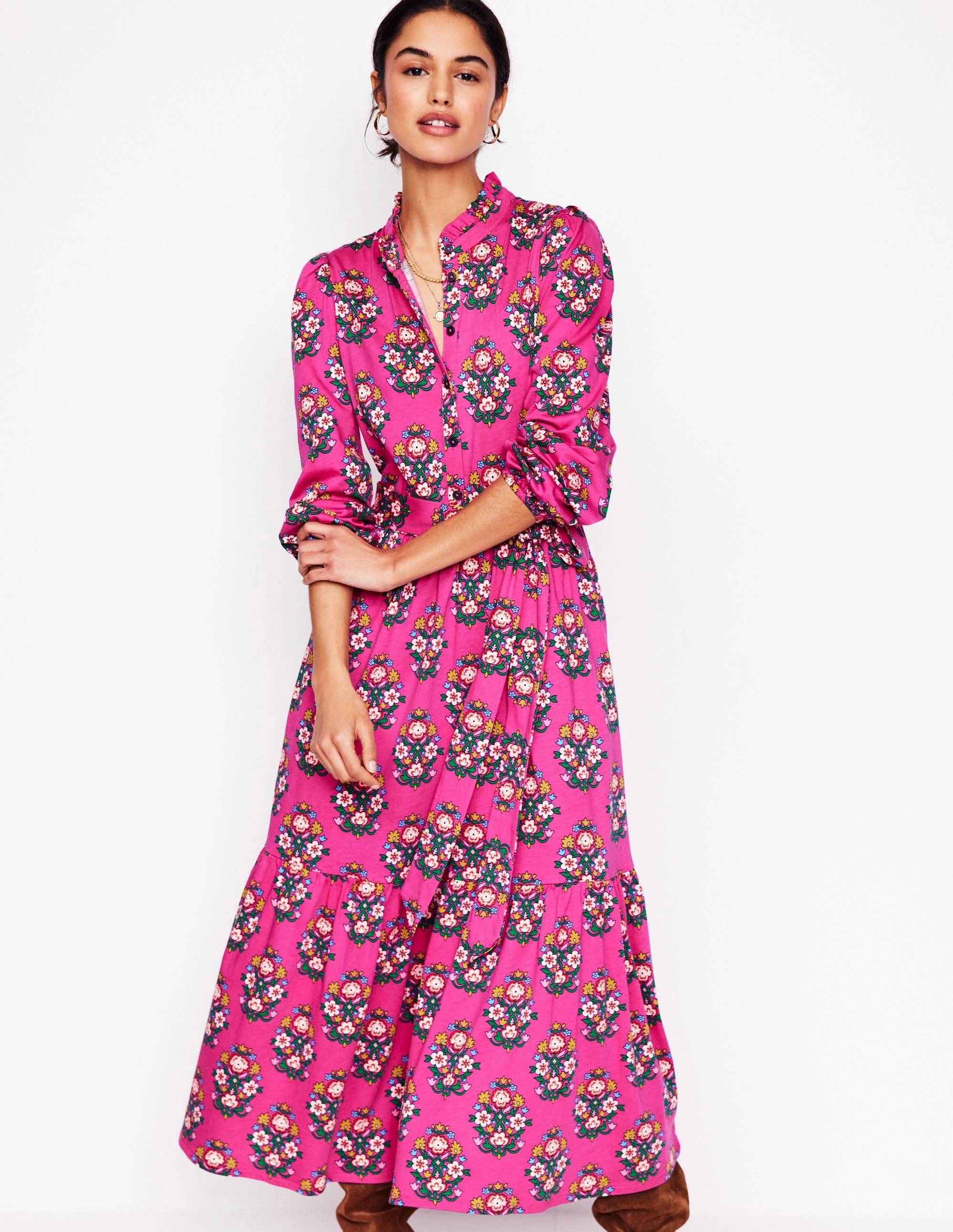 City-Style Festive Wear Willow Tiered Jersey Dress-Cosmos Pink, Wildflower Stamp