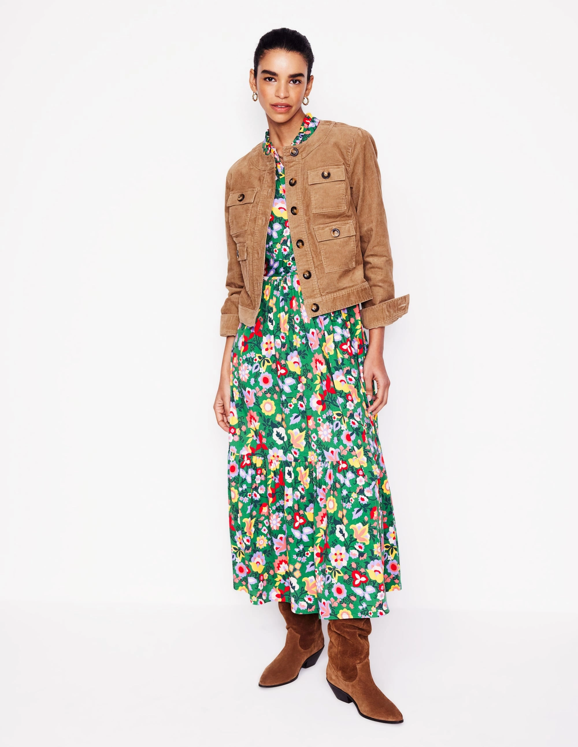 Willow Tiered Jersey Dress-Forest Grass, Flourishing Vine Tassel-Detail