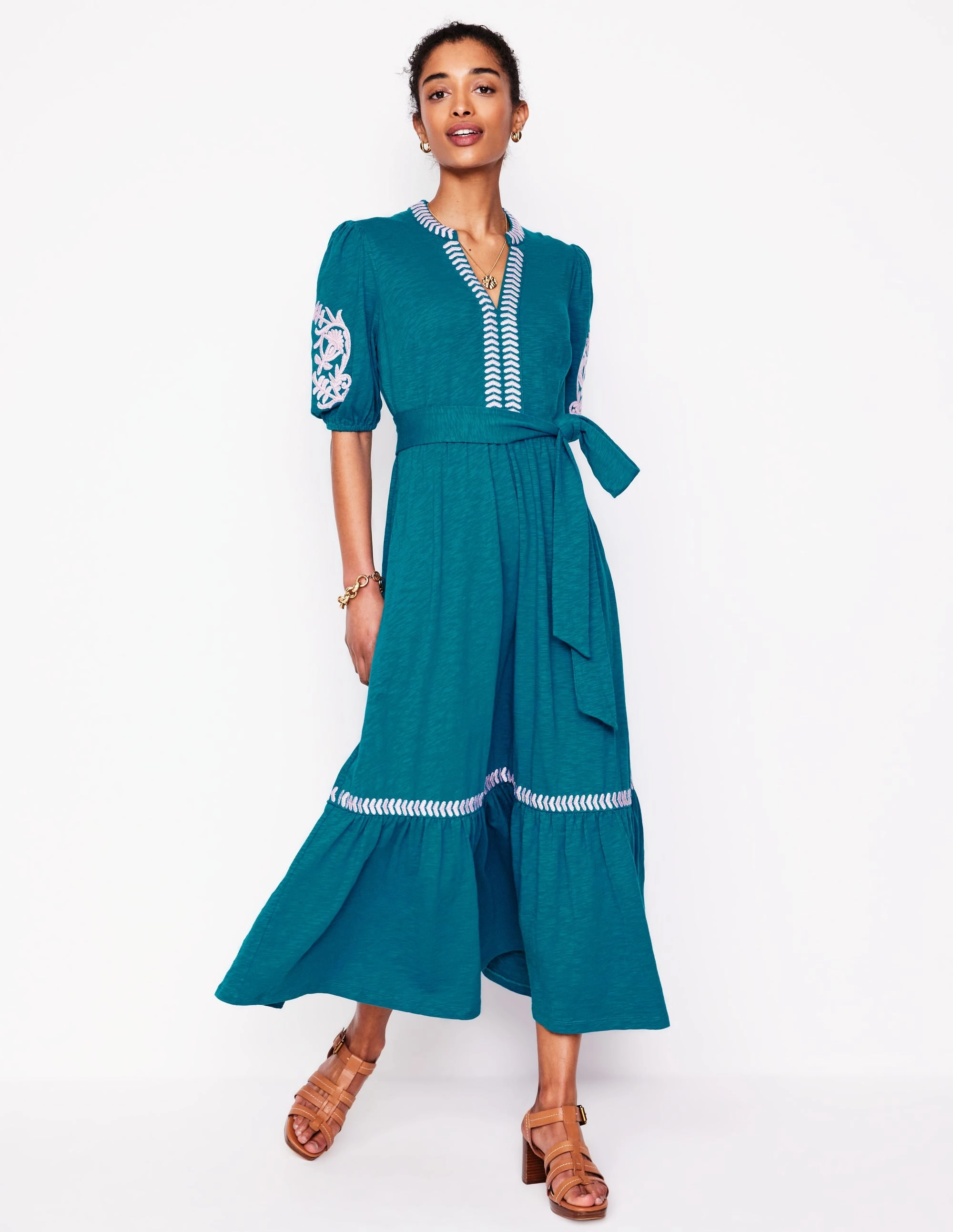 Amara Embroidered Jersey Dress-Deep Sea, Meadowsweet Pink Premium Fabric