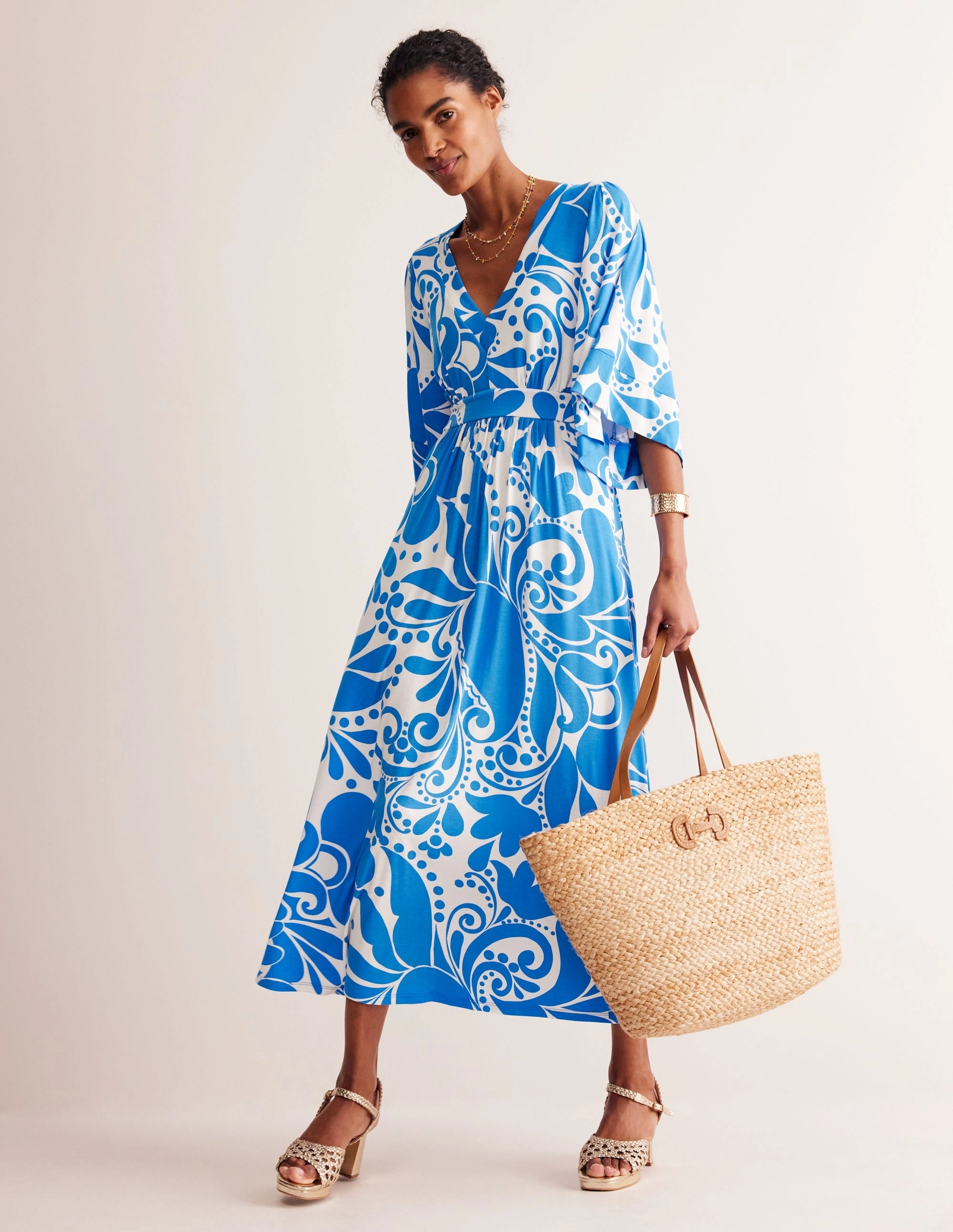 Walk Mood Maya Kimono Jersey Maxi Dress-Indigo Bunting, Ripple Swirl