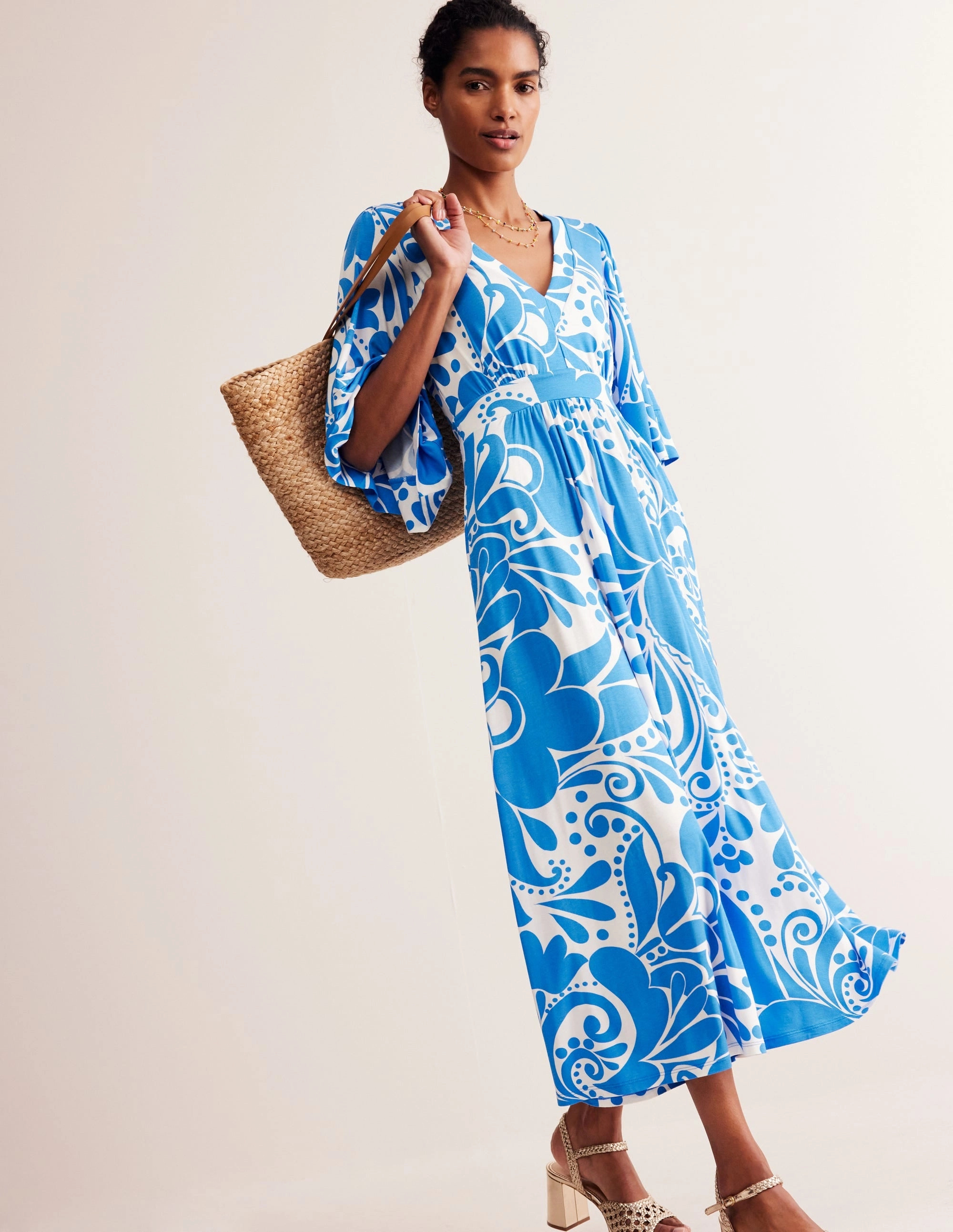 Comfy Comfort Flare Hem Maya Kimono Jersey Maxi Dress-Indigo Bunting, Ripple Swirl