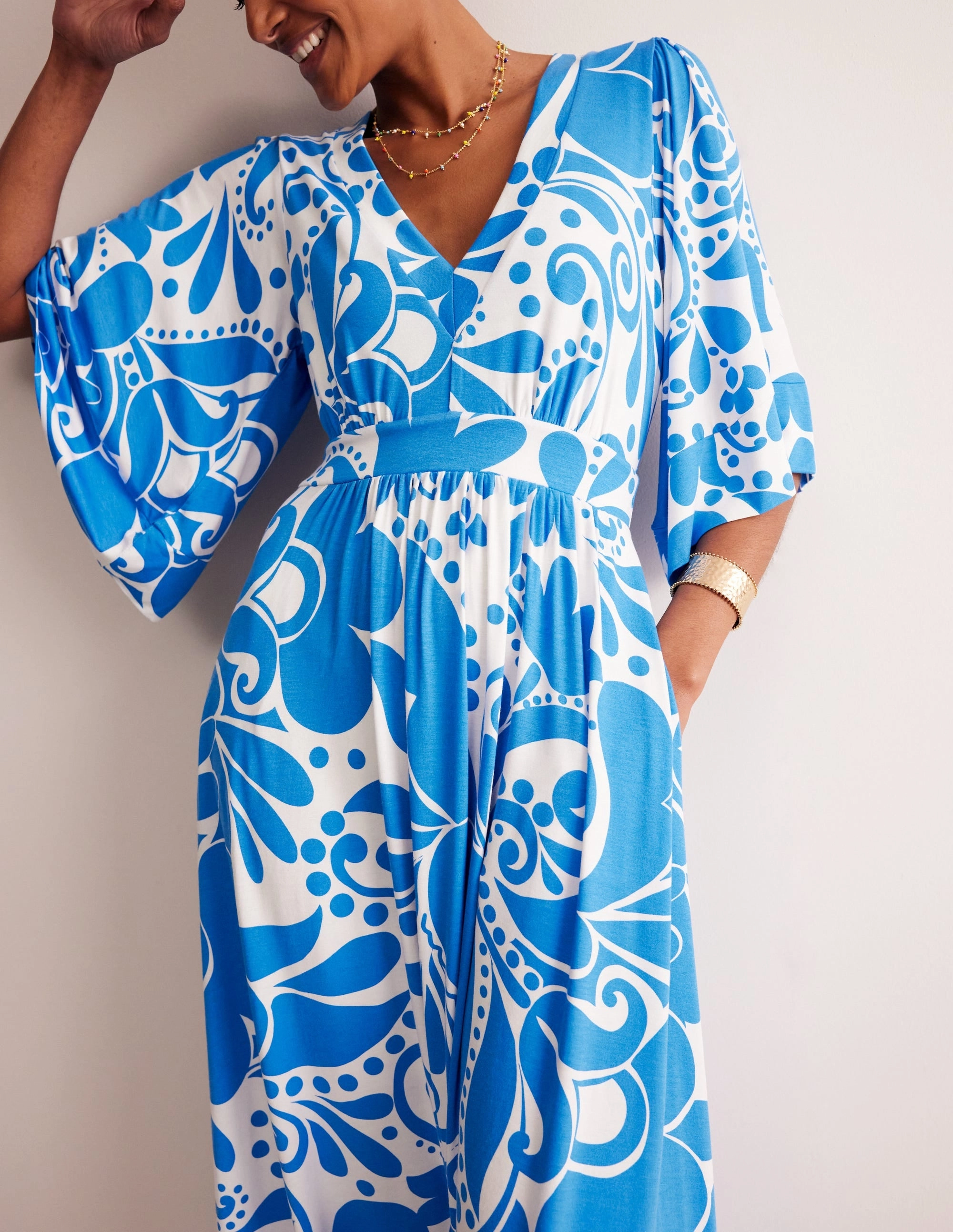 Soul Warm Maya Kimono Jersey Maxi Dress-Indigo Bunting, Ripple Swirl