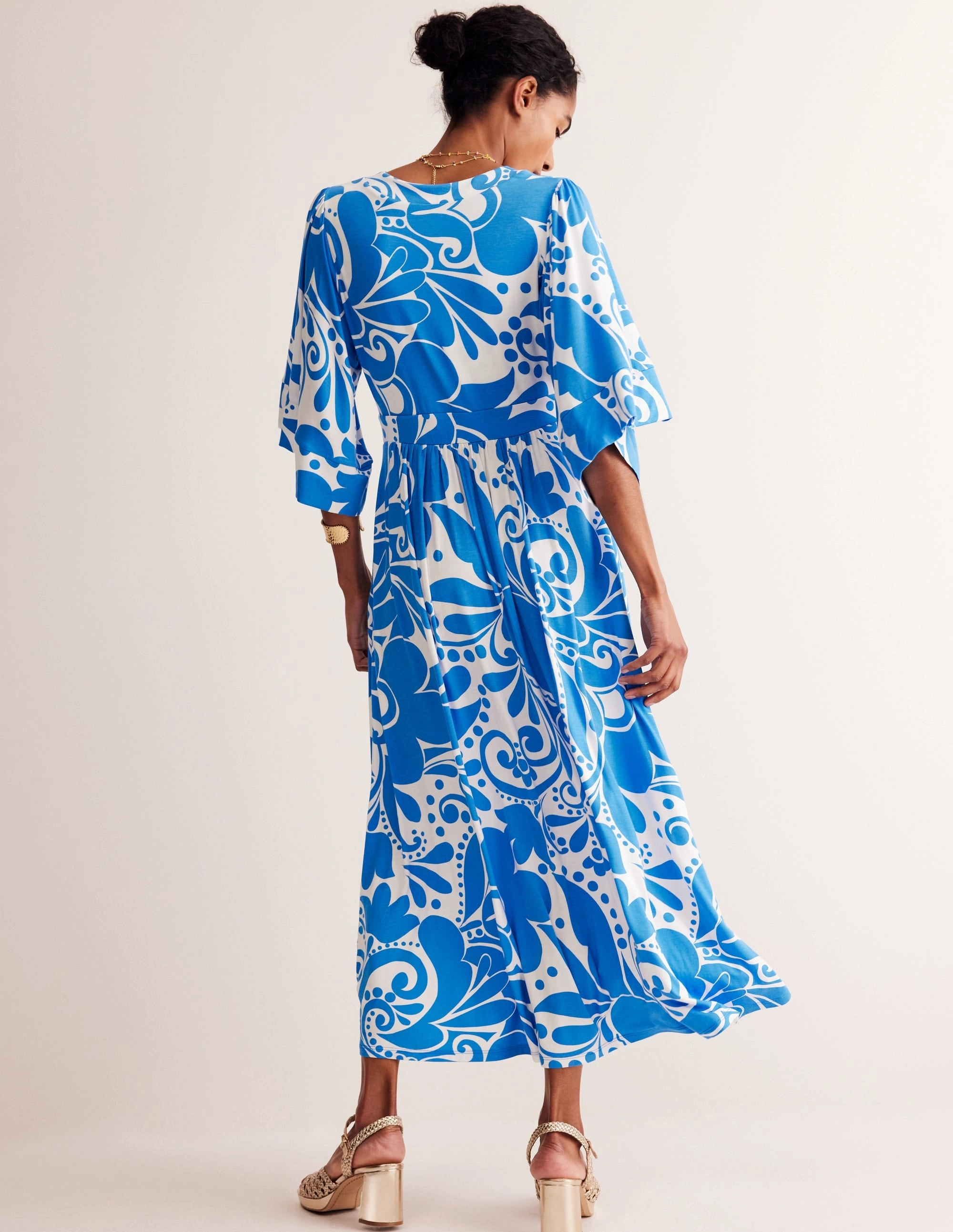Maya Kimono Jersey Maxi Dress-Indigo Bunting, Ripple Swirl Printed-Fabric