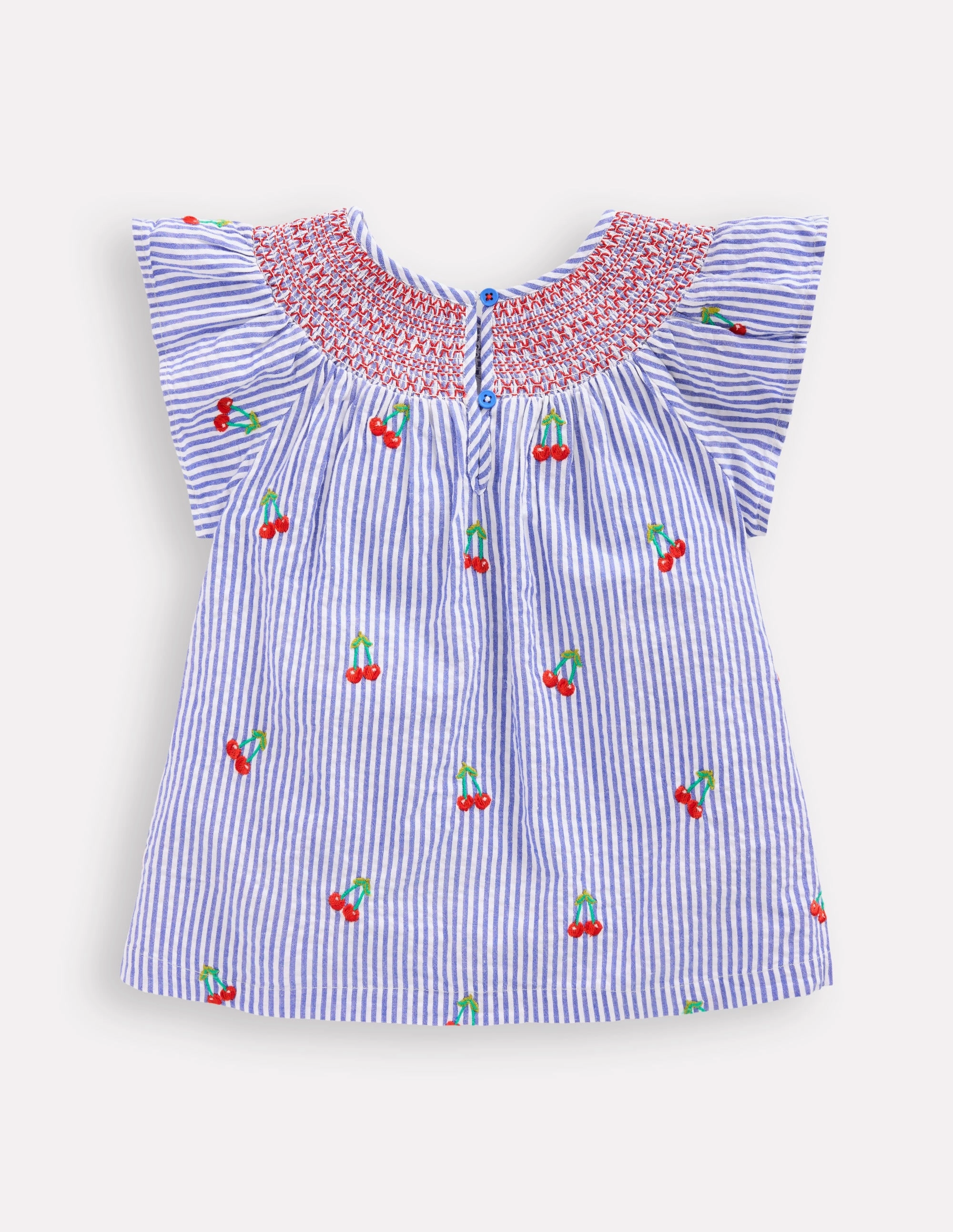 Woven Smocked Top-Blue Ticking Cherries oversized but not shapeless SkinFriendlyFibers