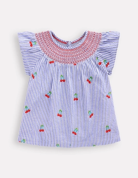 Woven Smocked Top-Blue Ticking Cherries NoSideSeams