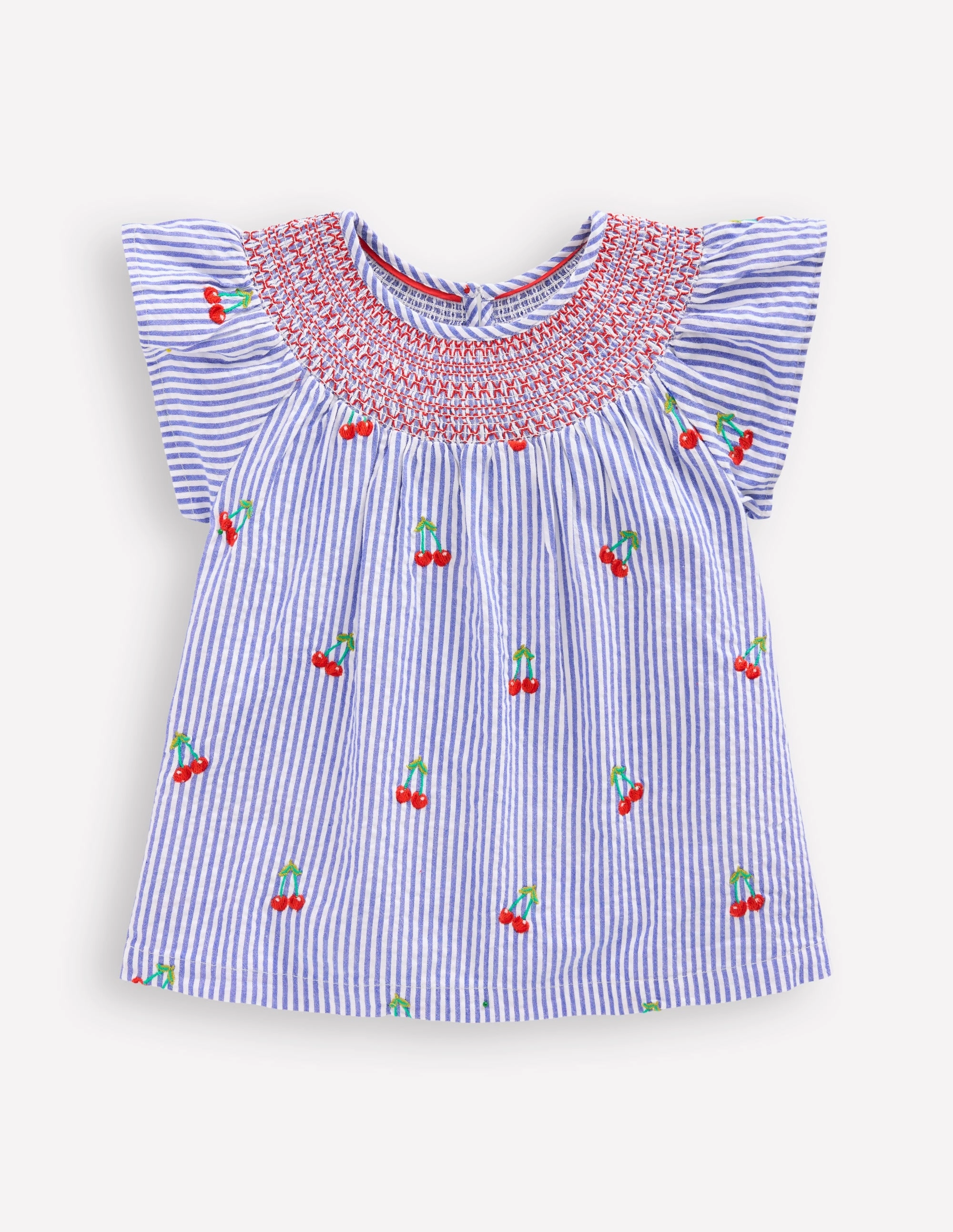 Woven Smocked Top-Blue Ticking Cherries NoSideSeams