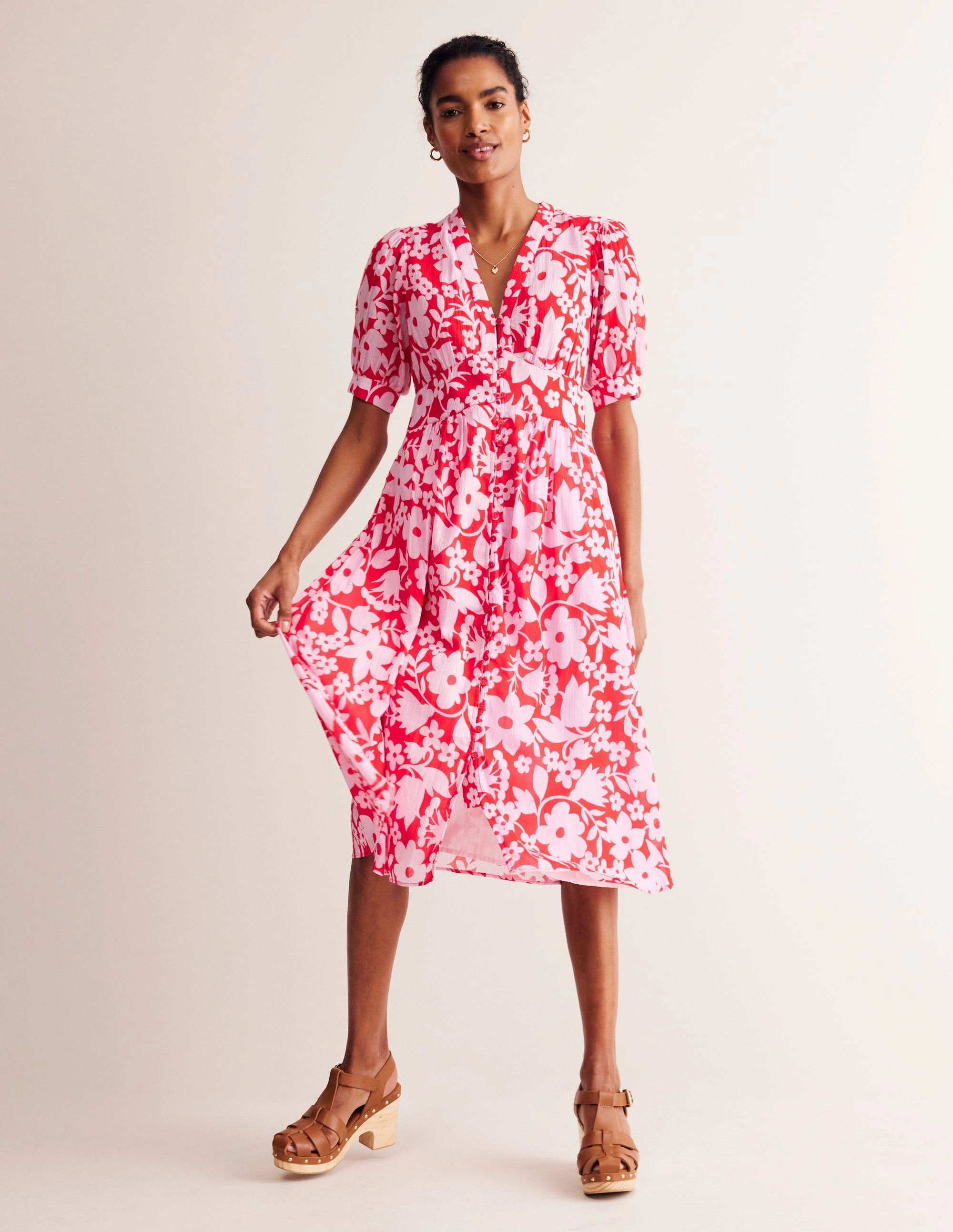 Elsa Crinkle Midi Tea Dress-Flame Scarlet, Tulip Garden Glossy-Finish