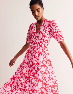 Dress for brunch Elsa Crinkle Midi Tea Dress-Flame Scarlet, Tulip Garden